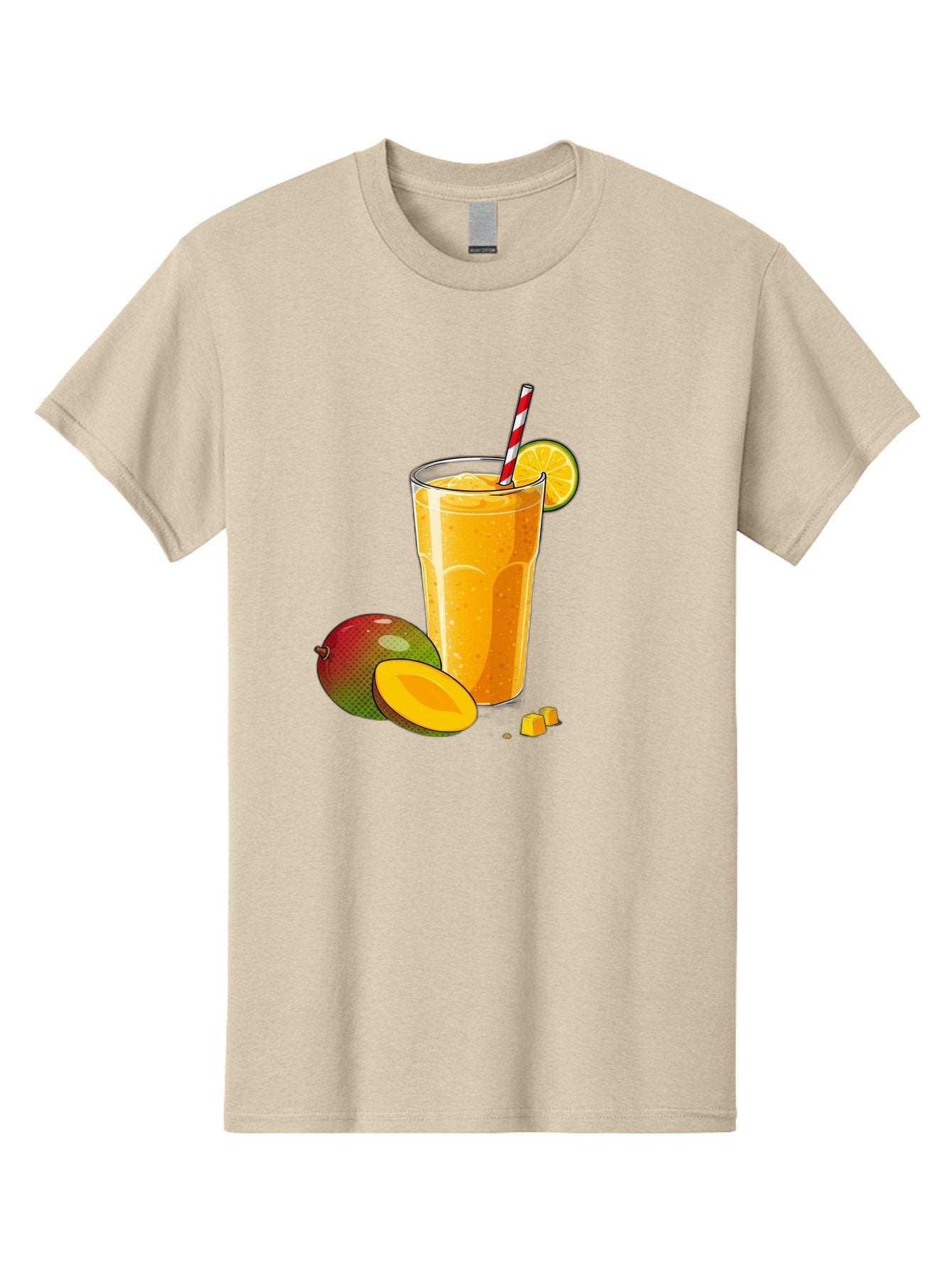 Mango-Smoothie-5 Men'S Graphic Tee, 100% Cotton, Comfortable Casual Summer Wear, Machine Washable, Mango Smoothie, Orange Slice, Red And White Straw, Refreshing Drink, Citrus Flavor, Tropical Fruit, Mango Chunks, Healthy Beverage, Summer Treat Bac157 3