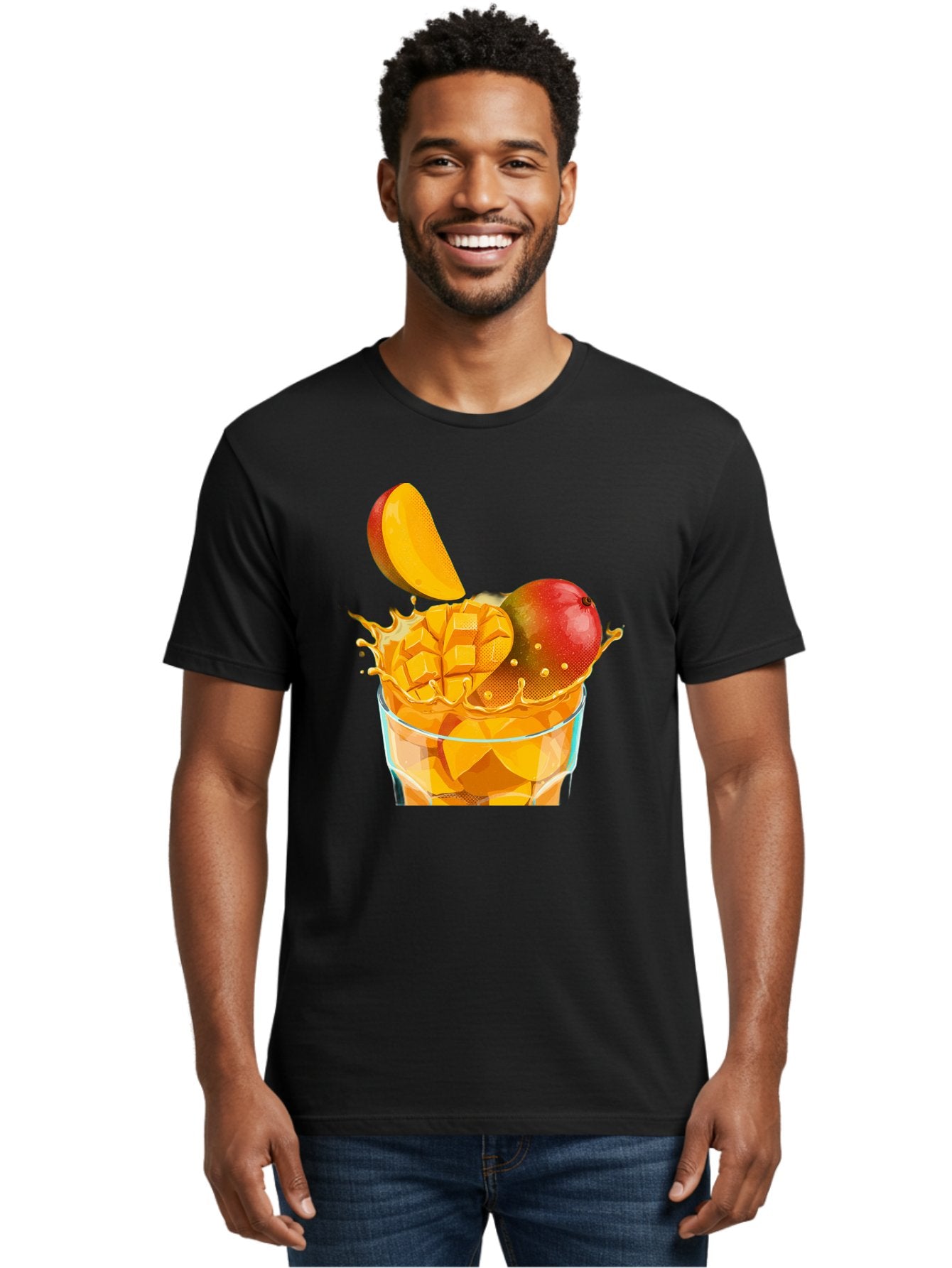 Mango-Smoothie-6 Men'S Graphic Tee, 100% Cotton, Comfortable Casual Summer Wear, Machine Washable, Fresh Mango, Mango Juice, Sliced Mango, Fruit Salad, Summer Drink, Fresh Fruit, Healthy Beverage, Tropical Flavors, Mango Chunks, Bac158 30