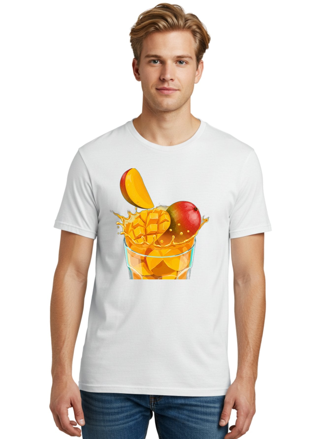 Mango-Smoothie-6 Men'S Graphic Tee, 100% Cotton, Comfortable Casual Summer Wear, Machine Washable, Fresh Mango, Mango Juice, Sliced Mango, Fruit Salad, Summer Drink, Fresh Fruit, Healthy Beverage, Tropical Flavors, Mango Chunks, Bac158 28