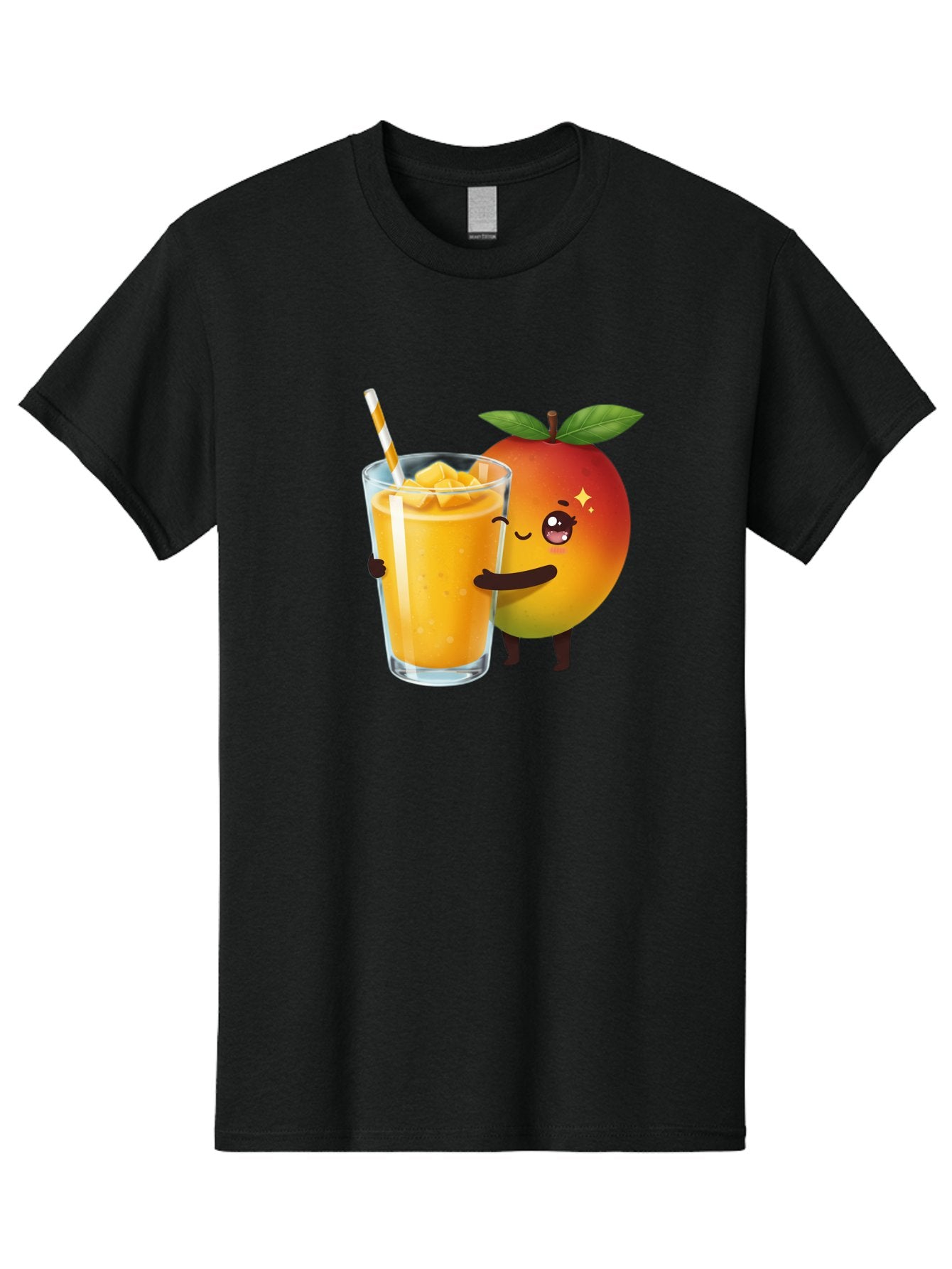 Mango-Smoothie Men'S Graphic Tee, 100% Cotton, Comfortable Casual Summer Wear, Machine Washable, Mango Smoothie, Orange Drink, Cartoon Fruit, Yellow Beverage, Glass With Straw, Mango Chunks, Fruit Character, Healthy Drink, Refreshing Beverage, Bac160 6