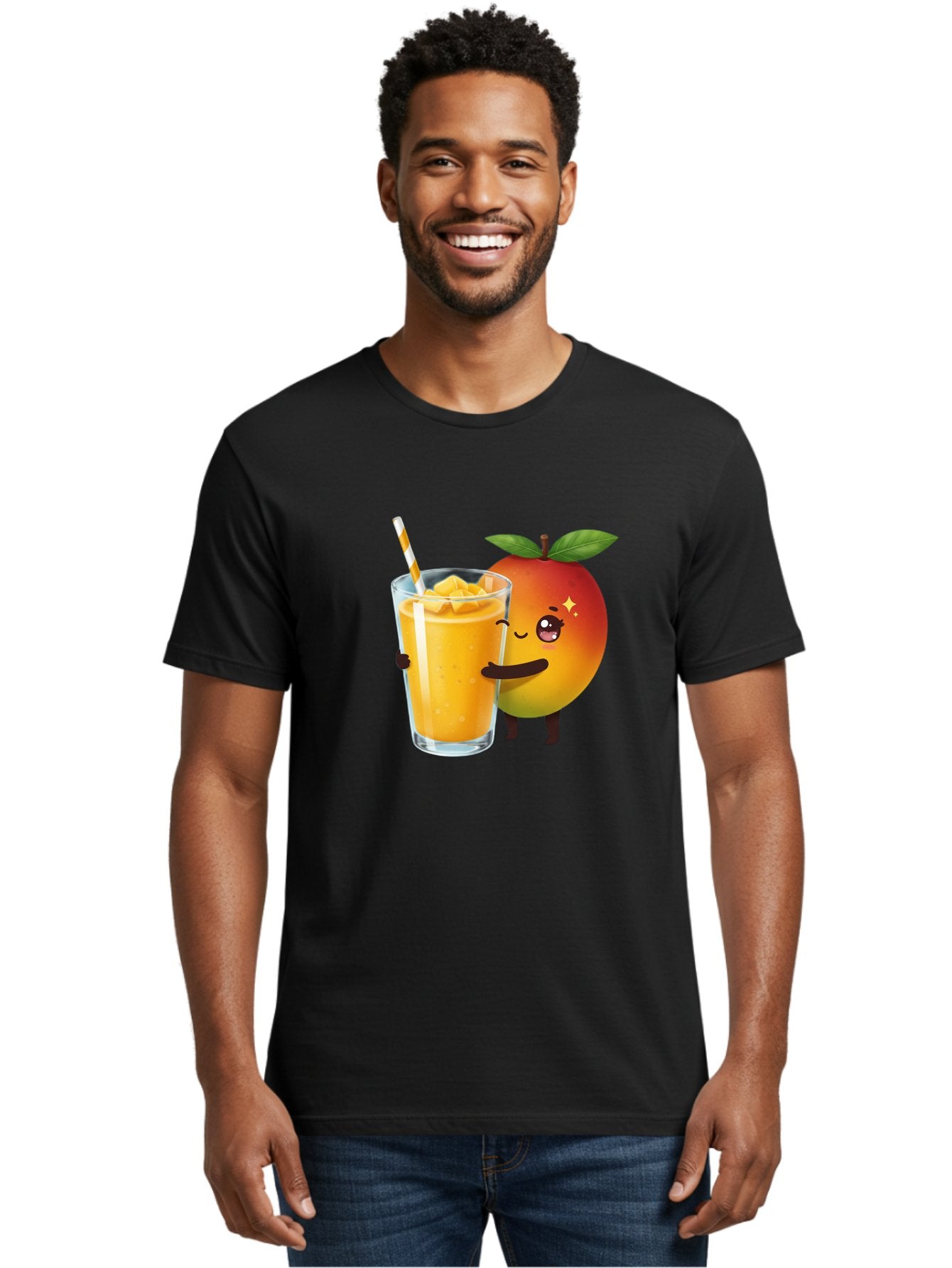 Mango-Smoothie Men'S Graphic Tee, 100% Cotton, Comfortable Casual Summer Wear, Machine Washable, Mango Smoothie, Orange Drink, Cartoon Fruit, Yellow Beverage, Glass With Straw, Mango Chunks, Fruit Character, Healthy Drink, Refreshing Beverage, Bac160 24