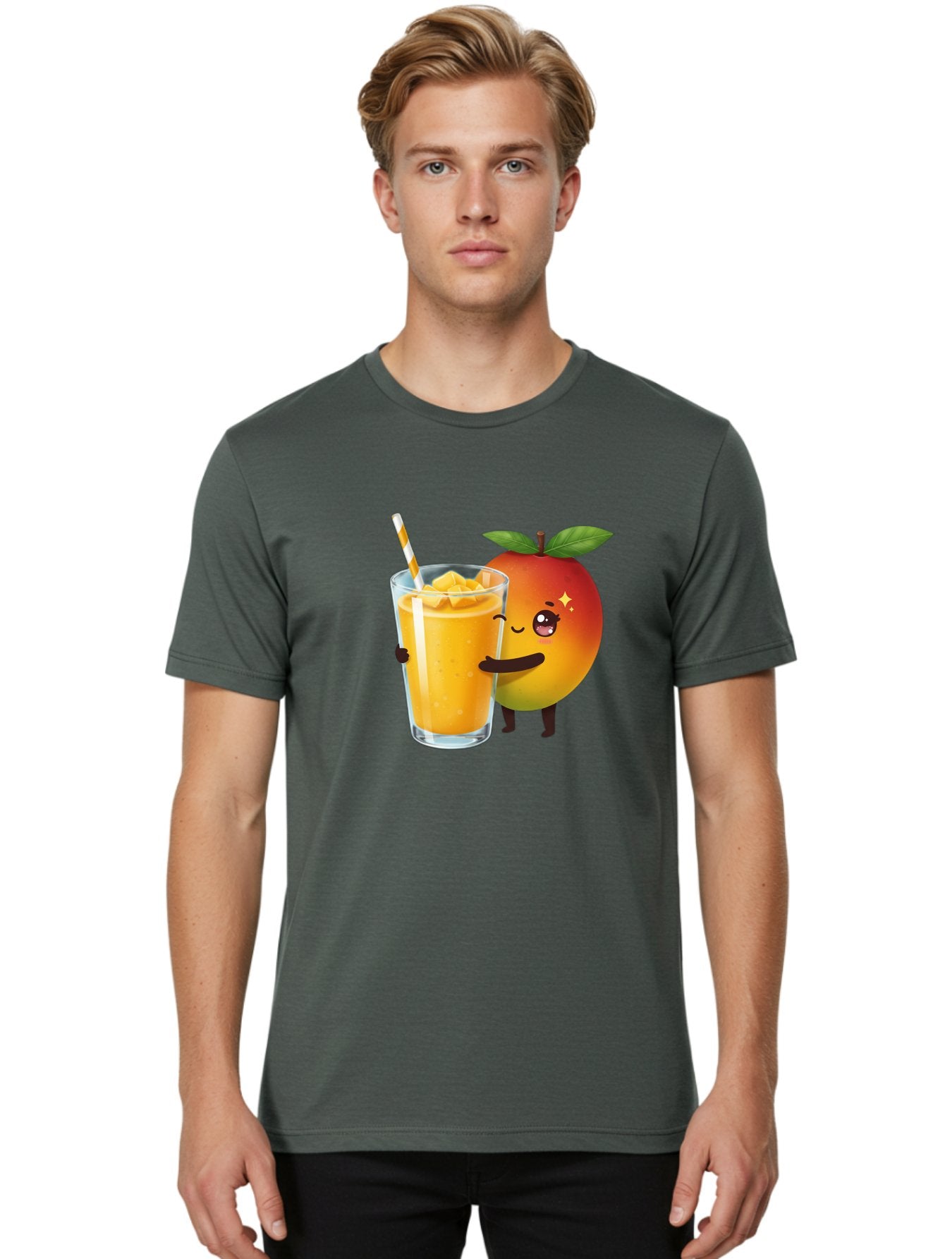 Mango-Smoothie Men'S Graphic Tee, 100% Cotton, Comfortable Casual Summer Wear, Machine Washable, Mango Smoothie, Orange Drink, Cartoon Fruit, Yellow Beverage, Glass With Straw, Mango Chunks, Fruit Character, Healthy Drink, Refreshing Beverage, Bac160 27