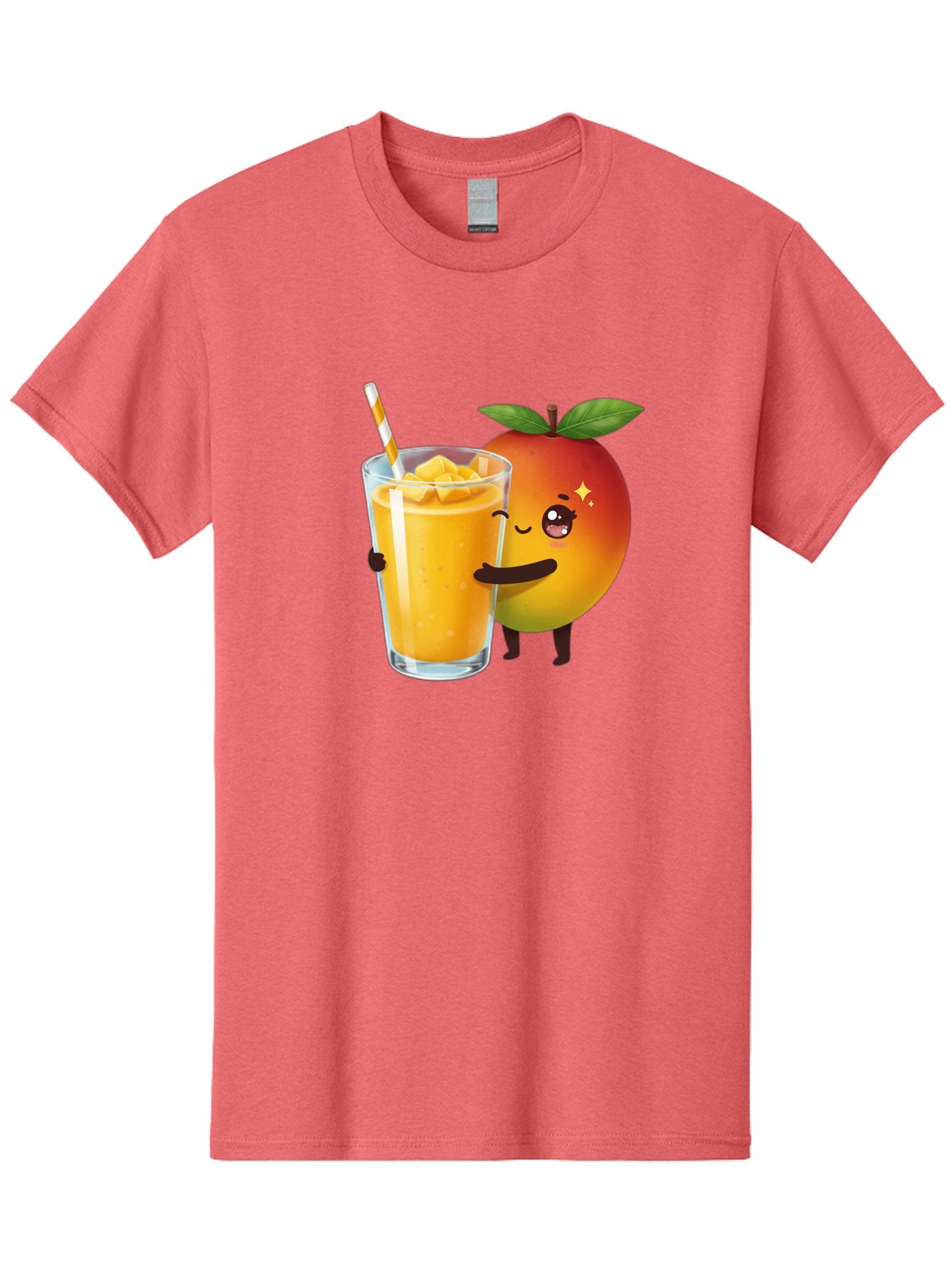 Mango-Smoothie Men'S Graphic Tee, 100% Cotton, Comfortable Casual Summer Wear, Machine Washable, Mango Smoothie, Orange Drink, Cartoon Fruit, Yellow Beverage, Glass With Straw, Mango Chunks, Fruit Character, Healthy Drink, Refreshing Beverage, Bac160