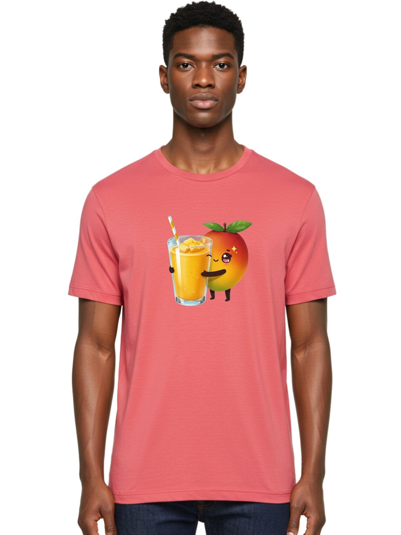 Mango-Smoothie Men'S Graphic Tee, 100% Cotton, Comfortable Casual Summer Wear, Machine Washable, Mango Smoothie, Orange Drink, Cartoon Fruit, Yellow Beverage, Glass With Straw, Mango Chunks, Fruit Character, Healthy Drink, Refreshing Beverage, Bac160 19