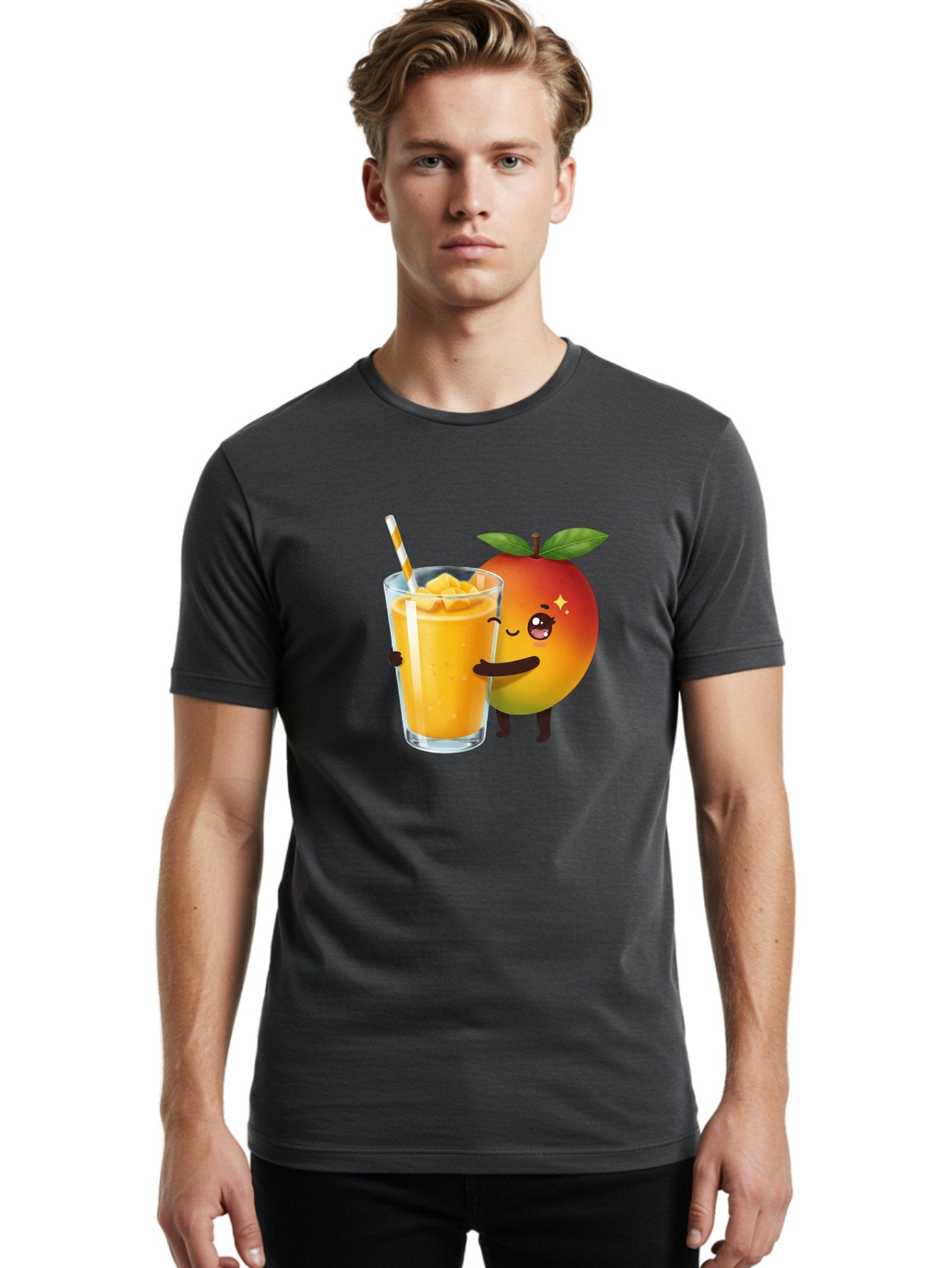 Mango-Smoothie Men'S Graphic Tee, 100% Cotton, Comfortable Casual Summer Wear, Machine Washable, Mango Smoothie, Orange Drink, Cartoon Fruit, Yellow Beverage, Glass With Straw, Mango Chunks, Fruit Character, Healthy Drink, Refreshing Beverage, Bac160 25