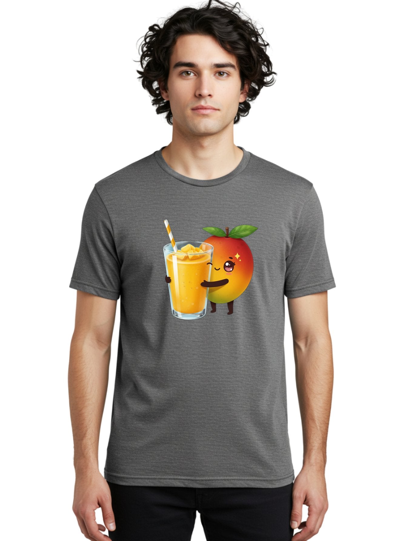 Mango-Smoothie Men'S Graphic Tee, 100% Cotton, Comfortable Casual Summer Wear, Machine Washable, Mango Smoothie, Orange Drink, Cartoon Fruit, Yellow Beverage, Glass With Straw, Mango Chunks, Fruit Character, Healthy Drink, Refreshing Beverage, Bac160 17