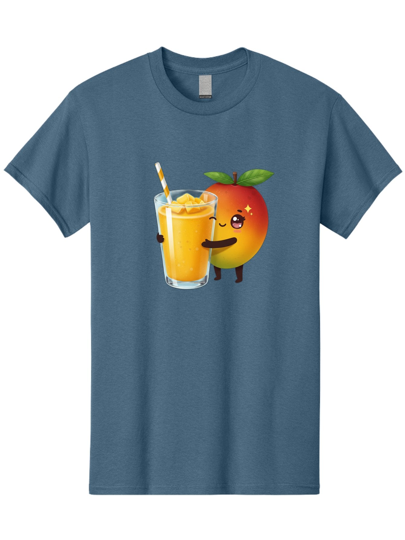 Mango-Smoothie Men'S Graphic Tee, 100% Cotton, Comfortable Casual Summer Wear, Machine Washable, Mango Smoothie, Orange Drink, Cartoon Fruit, Yellow Beverage, Glass With Straw, Mango Chunks, Fruit Character, Healthy Drink, Refreshing Beverage, Bac160 9