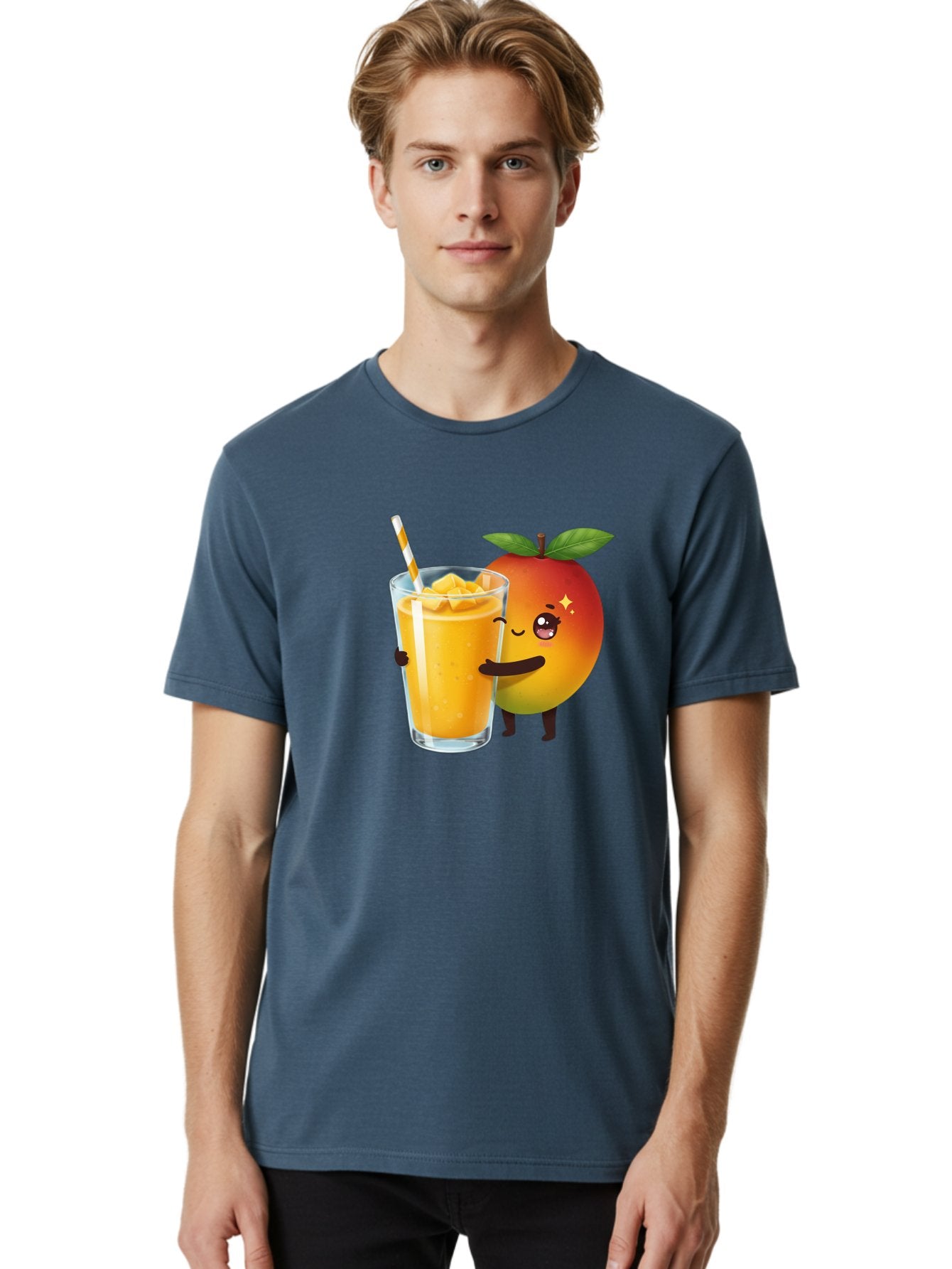 Mango-Smoothie Men'S Graphic Tee, 100% Cotton, Comfortable Casual Summer Wear, Machine Washable, Mango Smoothie, Orange Drink, Cartoon Fruit, Yellow Beverage, Glass With Straw, Mango Chunks, Fruit Character, Healthy Drink, Refreshing Beverage, Bac160 26