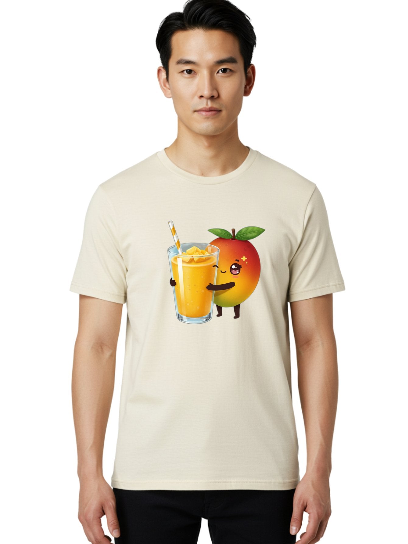 Mango-Smoothie Men'S Graphic Tee, 100% Cotton, Comfortable Casual Summer Wear, Machine Washable, Mango Smoothie, Orange Drink, Cartoon Fruit, Yellow Beverage, Glass With Straw, Mango Chunks, Fruit Character, Healthy Drink, Refreshing Beverage, Bac160 16