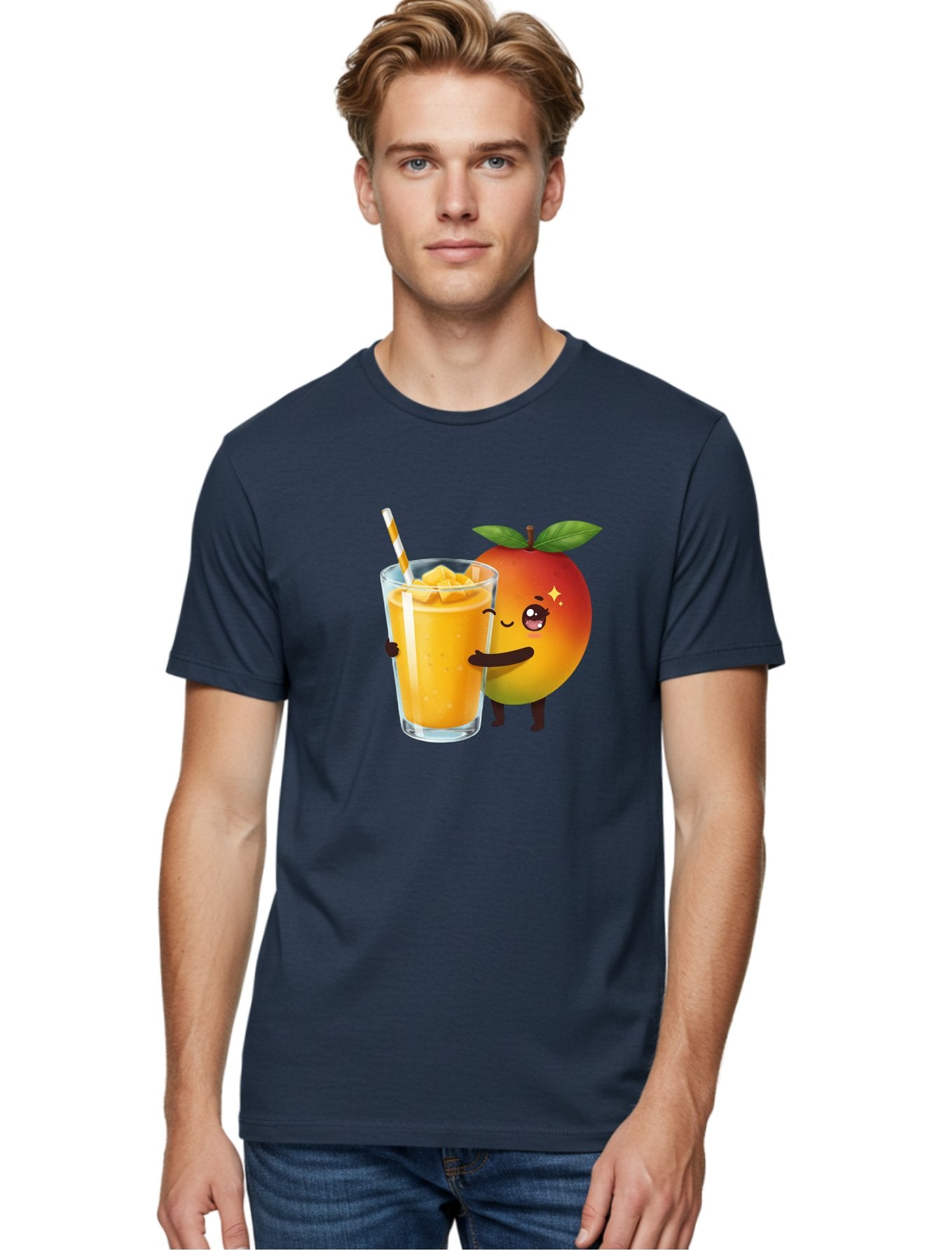 Mango-Smoothie Men'S Graphic Tee, 100% Cotton, Comfortable Casual Summer Wear, Machine Washable, Mango Smoothie, Orange Drink, Cartoon Fruit, Yellow Beverage, Glass With Straw, Mango Chunks, Fruit Character, Healthy Drink, Refreshing Beverage, Bac160 22