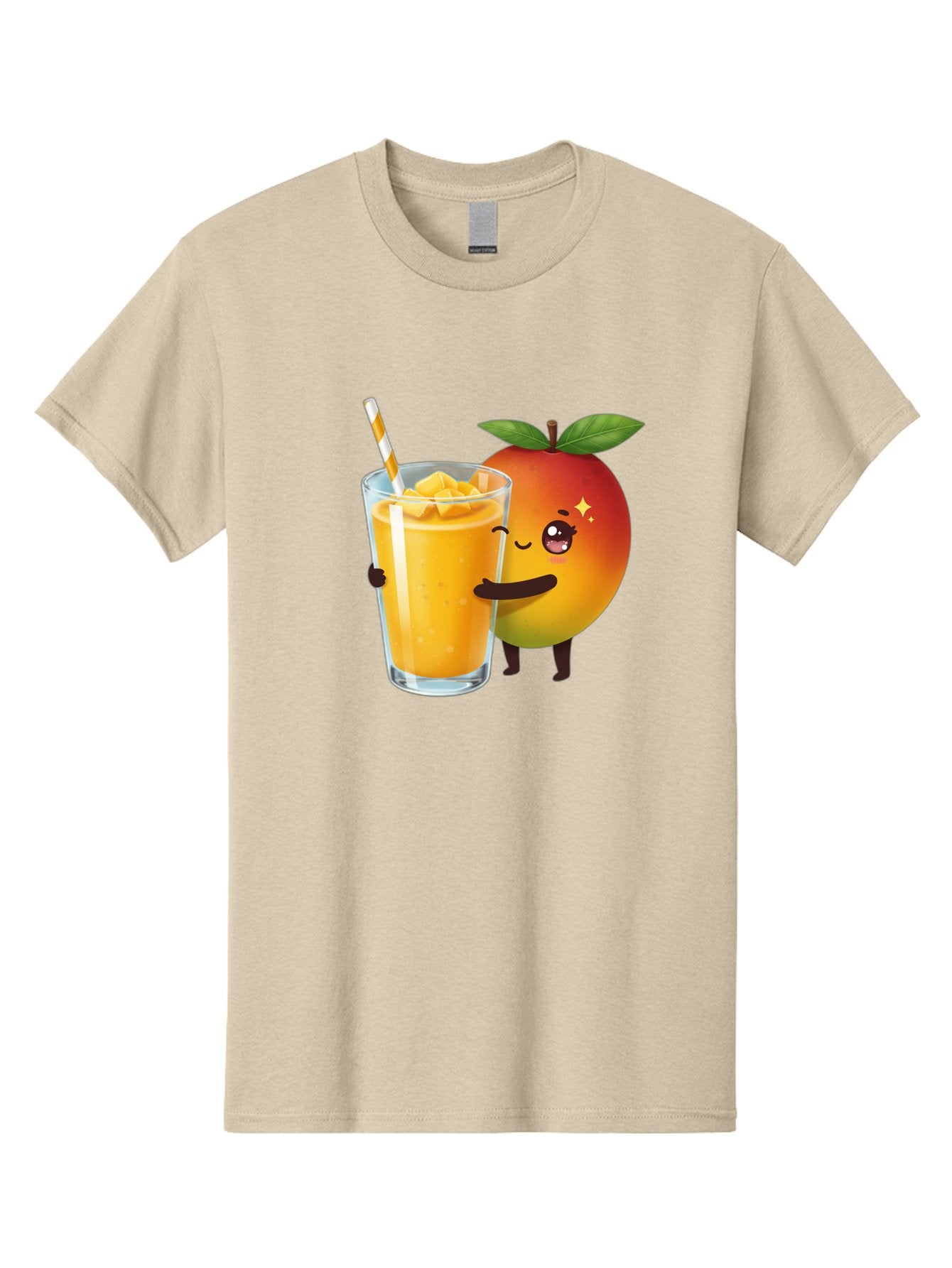 Mango-Smoothie Men'S Graphic Tee, 100% Cotton, Comfortable Casual Summer Wear, Machine Washable, Mango Smoothie, Orange Drink, Cartoon Fruit, Yellow Beverage, Glass With Straw, Mango Chunks, Fruit Character, Healthy Drink, Refreshing Beverage, Bac160 4