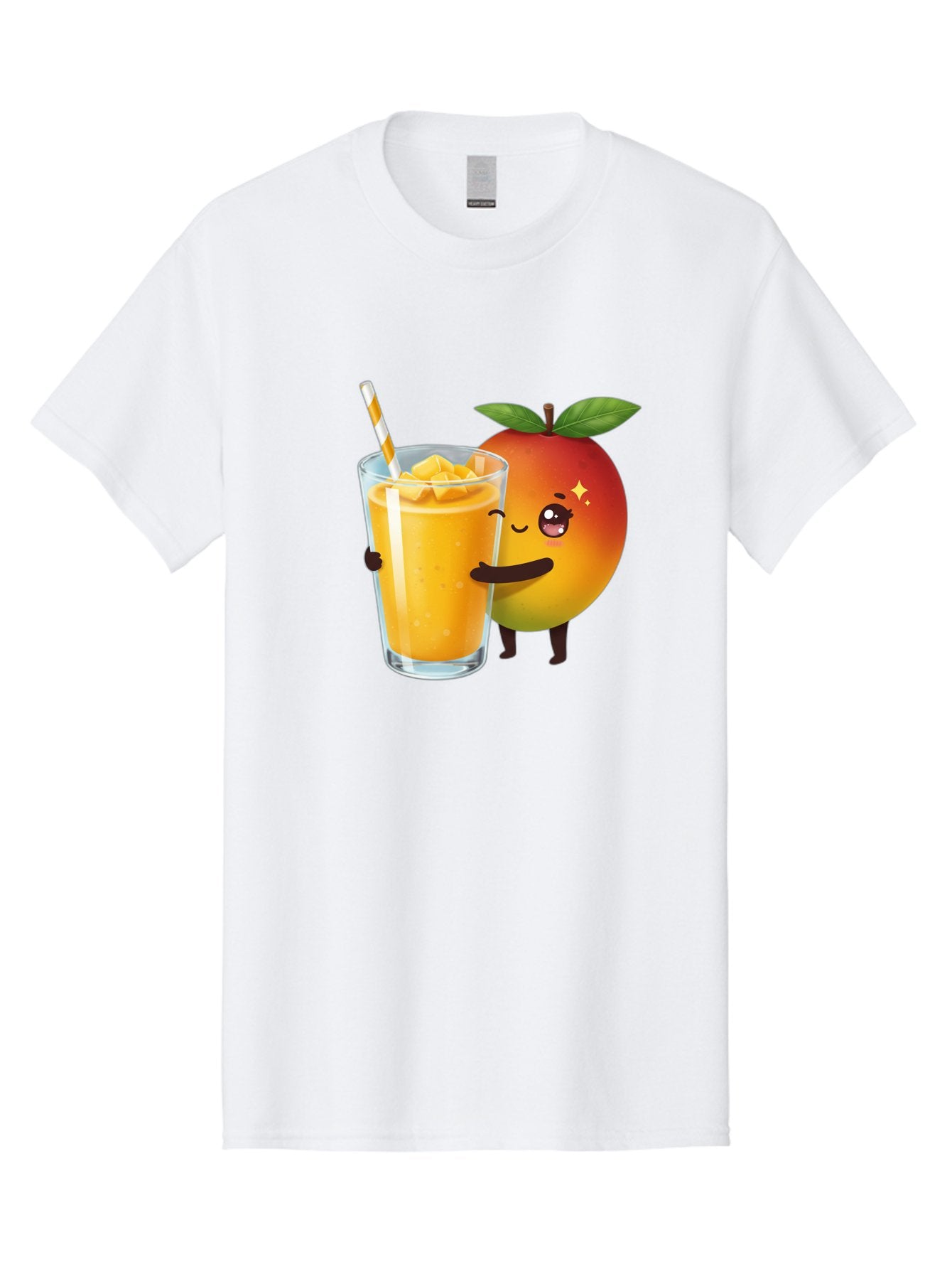 Mango-Smoothie Men'S Graphic Tee, 100% Cotton, Comfortable Casual Summer Wear, Machine Washable, Mango Smoothie, Orange Drink, Cartoon Fruit, Yellow Beverage, Glass With Straw, Mango Chunks, Fruit Character, Healthy Drink, Refreshing Beverage, Bac160