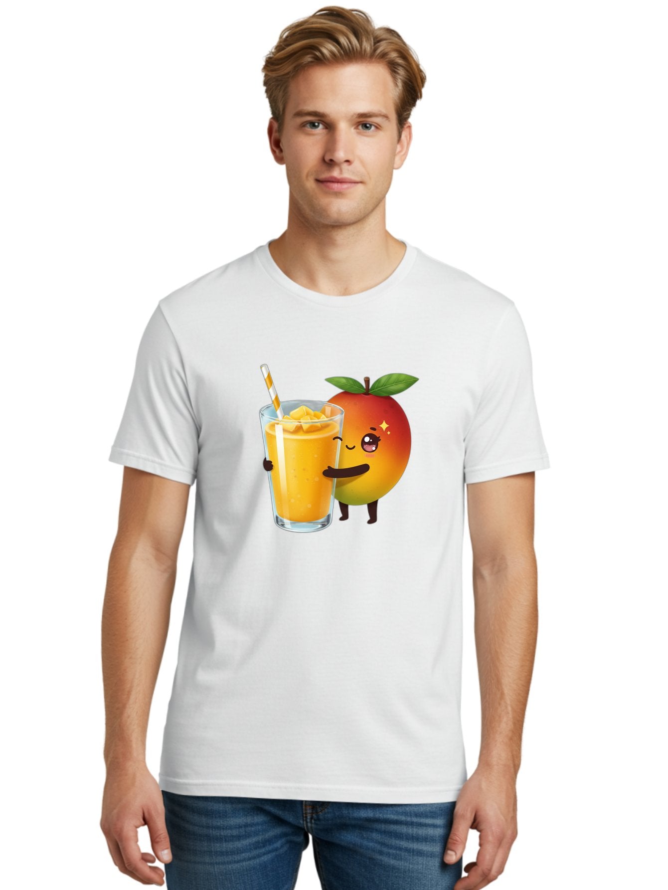 Mango-Smoothie Men'S Graphic Tee, 100% Cotton, Comfortable Casual Summer Wear, Machine Washable, Mango Smoothie, Orange Drink, Cartoon Fruit, Yellow Beverage, Glass With Straw, Mango Chunks, Fruit Character, Healthy Drink, Refreshing Beverage, Bac160 21