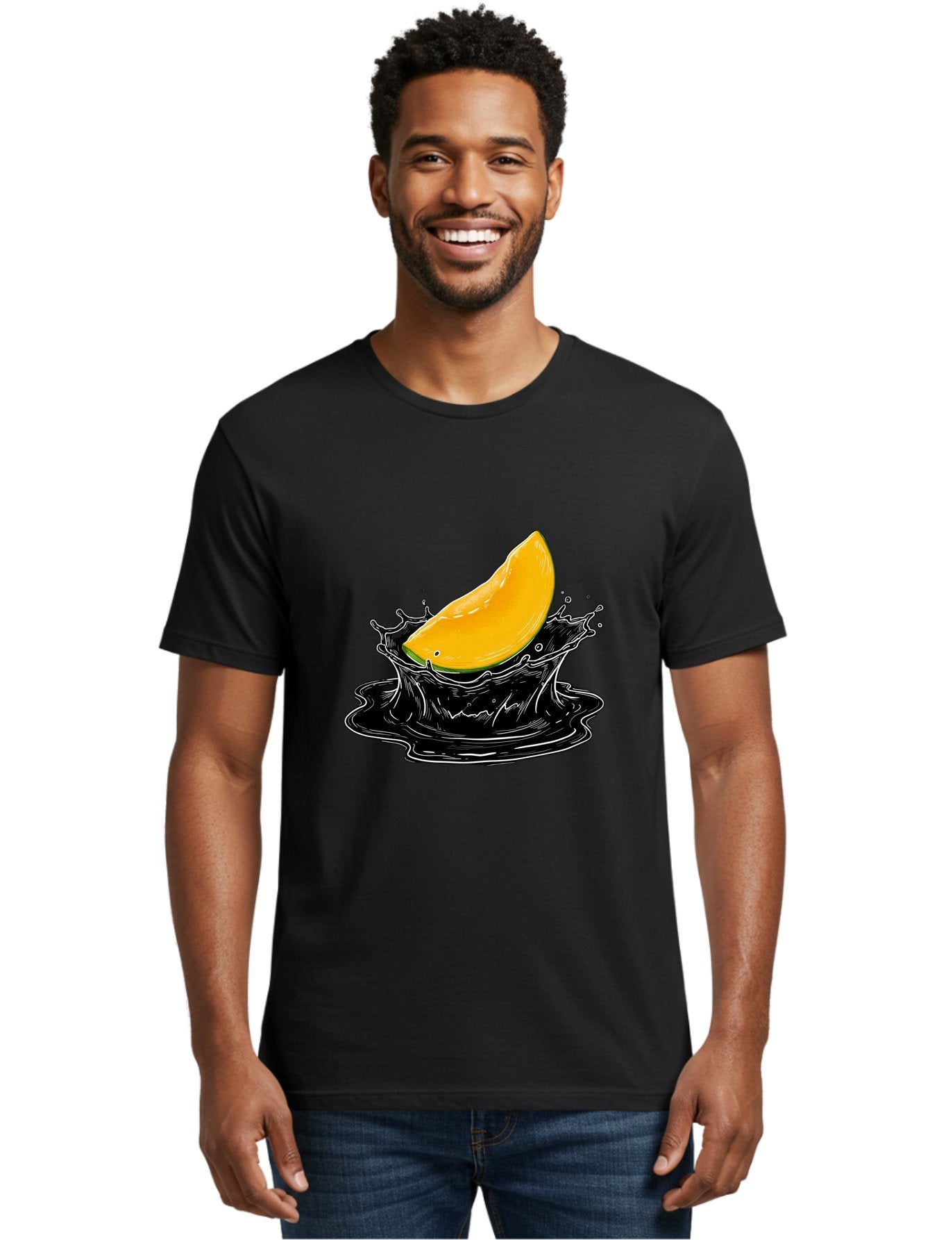 Mango-Splash-3 Men'S Graphic Tee, 100% Cotton, Comfortable Casual Summer Wear, Machine Washable, Mango Slice, Splash Effect, Black Liquid, Vibrant Yellow, Juicy Texture, Fruit Illustration, Dynamic Splash, Abstract Art Bac163 23
