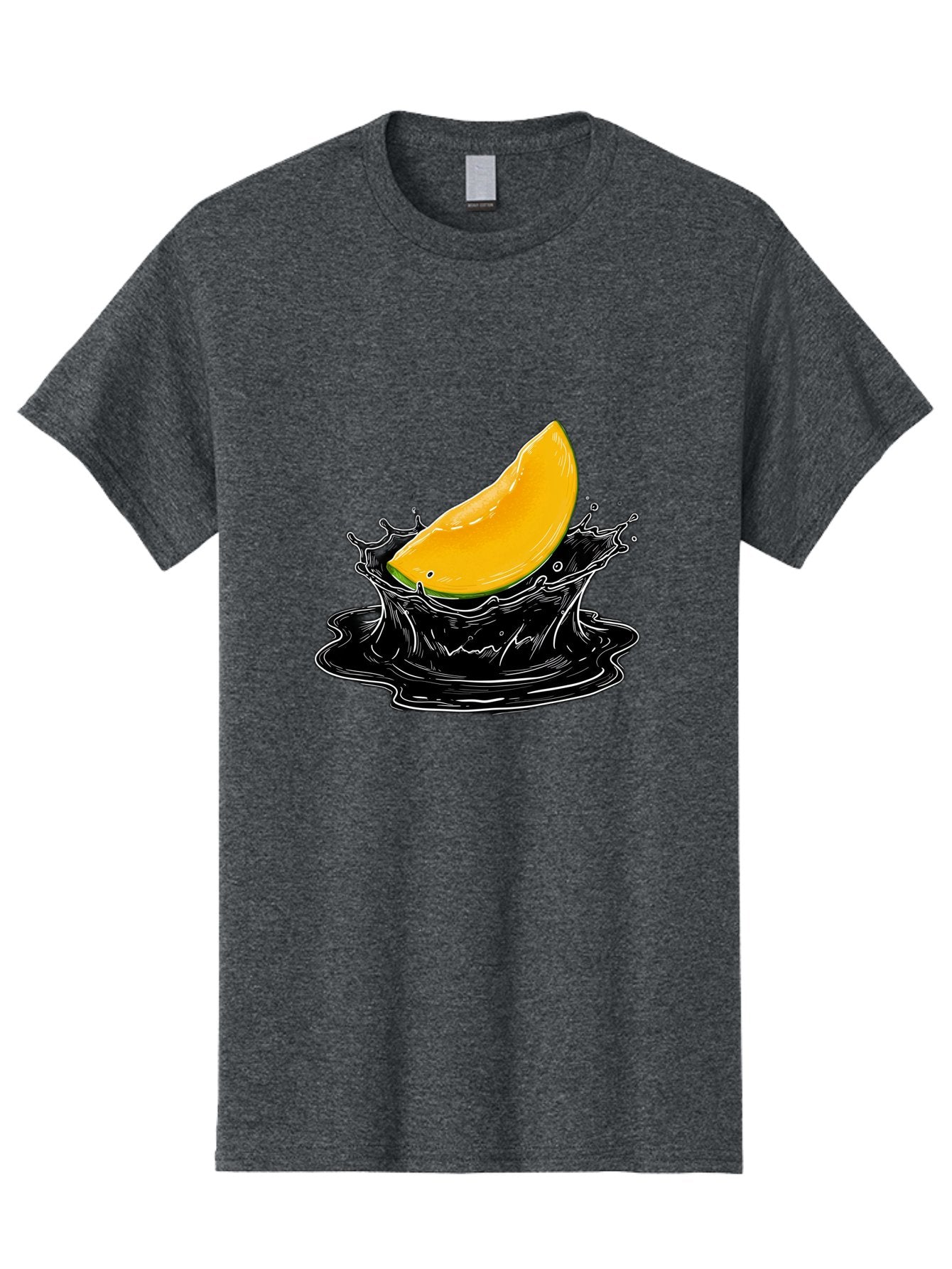 Mango-Splash-3 Men'S Graphic Tee, 100% Cotton, Comfortable Casual Summer Wear, Machine Washable, Mango Slice, Splash Effect, Black Liquid, Vibrant Yellow, Juicy Texture, Fruit Illustration, Dynamic Splash, Abstract Art Bac163 3