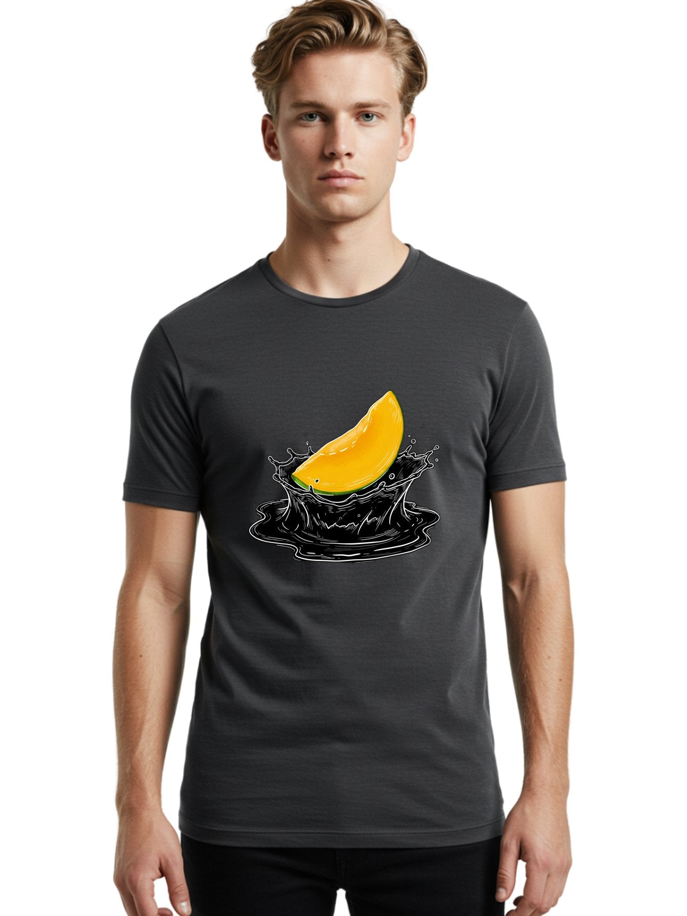 Mango-Splash-3 Men'S Graphic Tee, 100% Cotton, Comfortable Casual Summer Wear, Machine Washable, Mango Slice, Splash Effect, Black Liquid, Vibrant Yellow, Juicy Texture, Fruit Illustration, Dynamic Splash, Abstract Art Bac163 22