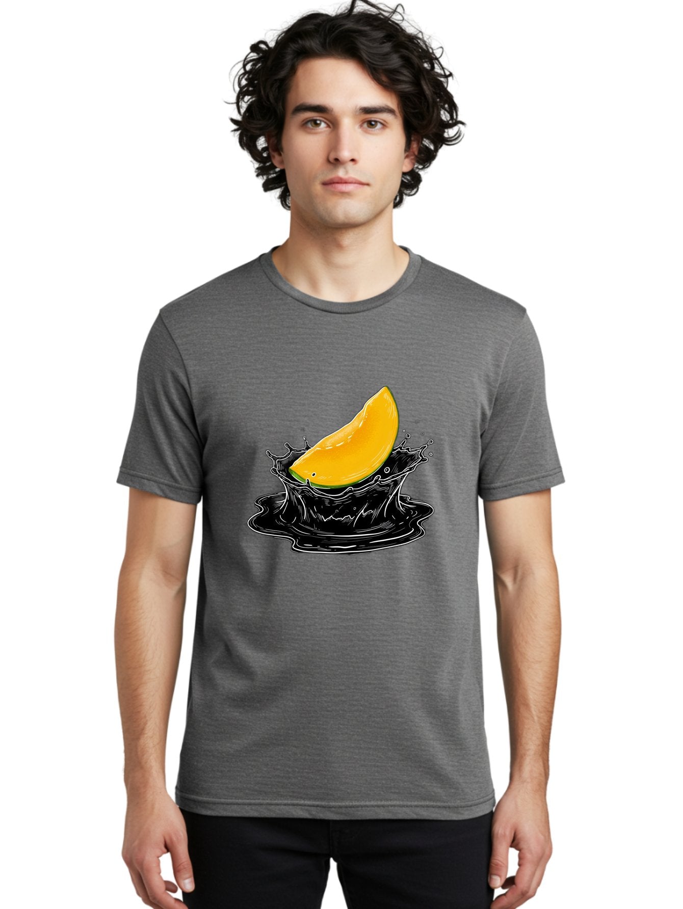 Mango-Splash-3 Men'S Graphic Tee, 100% Cotton, Comfortable Casual Summer Wear, Machine Washable, Mango Slice, Splash Effect, Black Liquid, Vibrant Yellow, Juicy Texture, Fruit Illustration, Dynamic Splash, Abstract Art Bac163 24