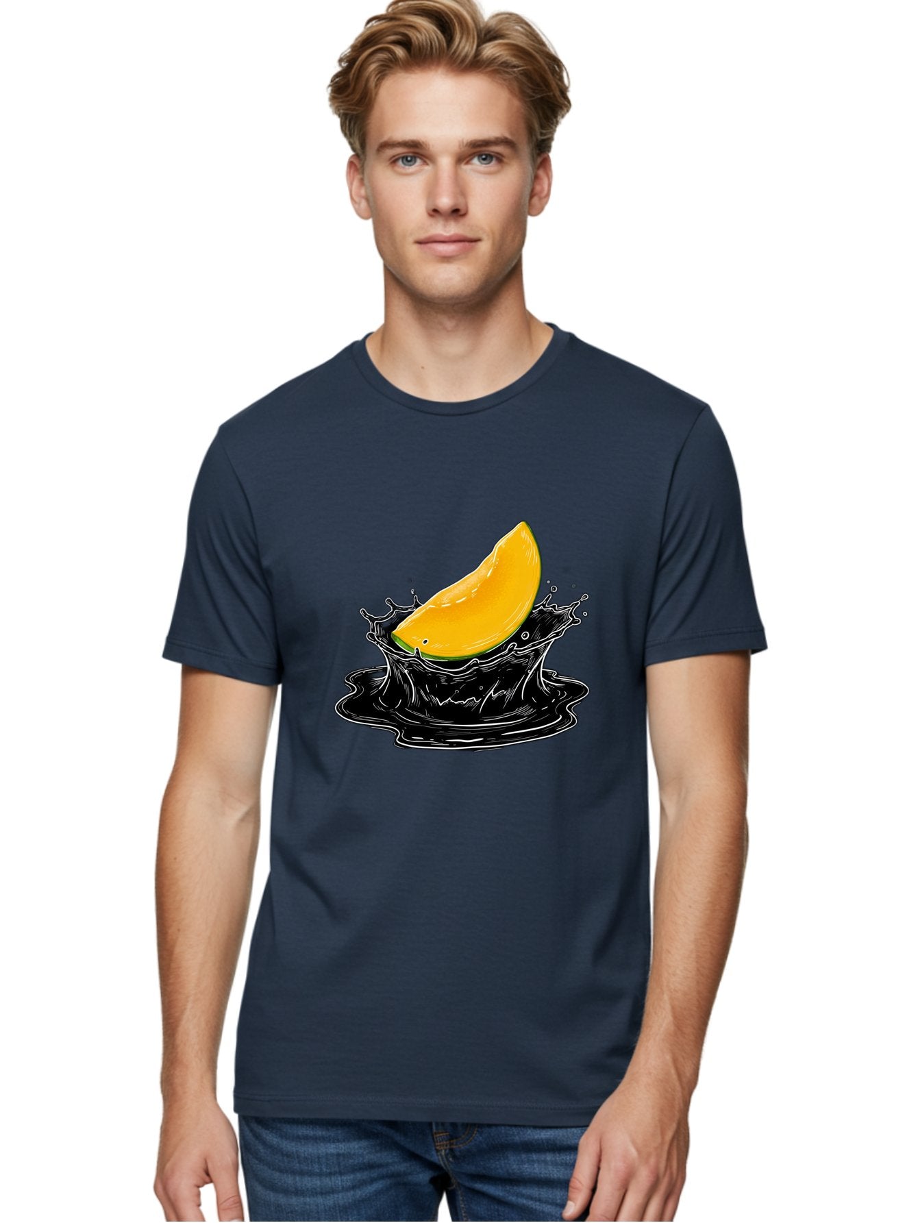 Mango-Splash-3 Men'S Graphic Tee, 100% Cotton, Comfortable Casual Summer Wear, Machine Washable, Mango Slice, Splash Effect, Black Liquid, Vibrant Yellow, Juicy Texture, Fruit Illustration, Dynamic Splash, Abstract Art Bac163 25