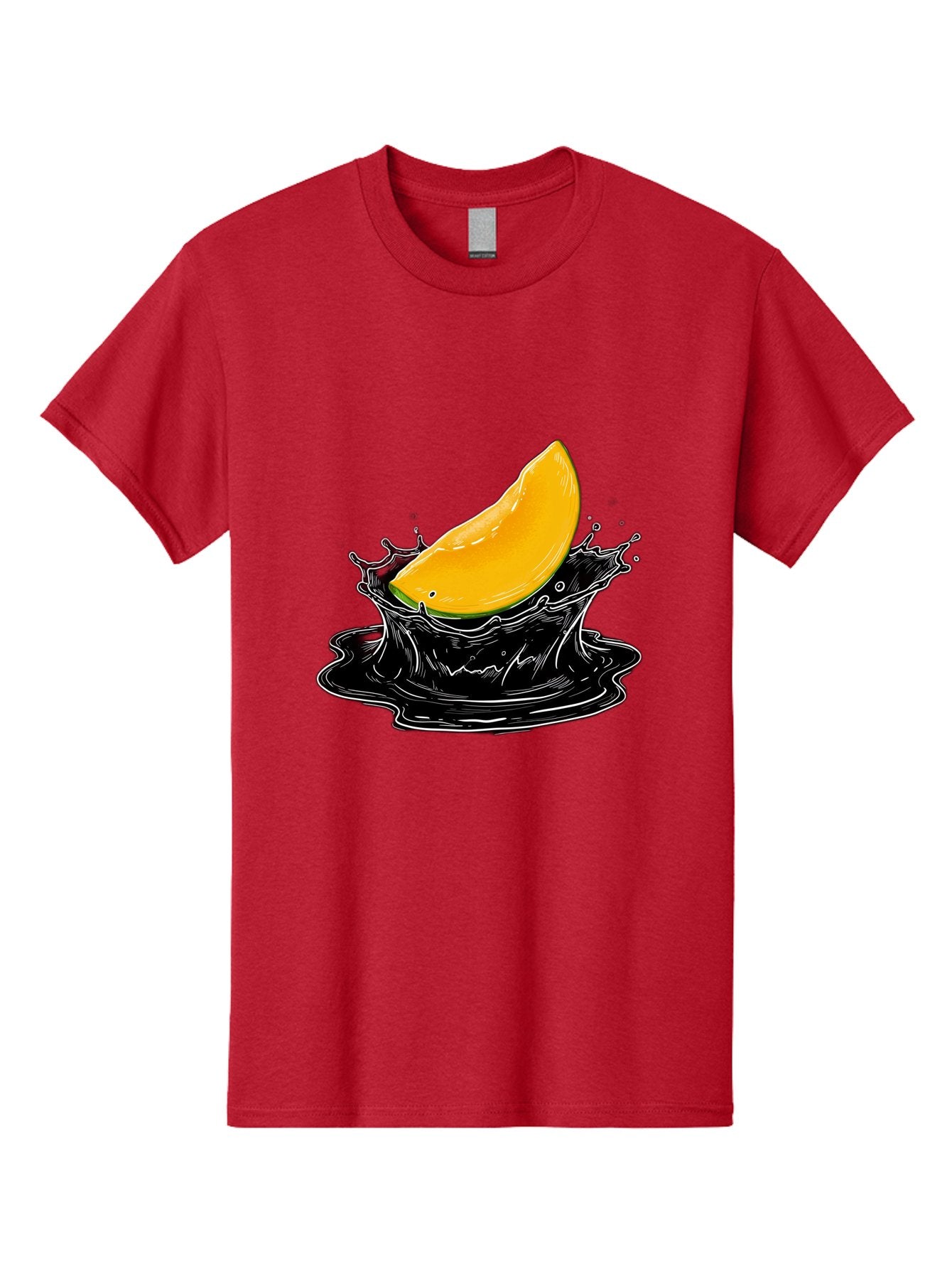 Mango-Splash-3 Men'S Graphic Tee, 100% Cotton, Comfortable Casual Summer Wear, Machine Washable, Mango Slice, Splash Effect, Black Liquid, Vibrant Yellow, Juicy Texture, Fruit Illustration, Dynamic Splash, Abstract Art Bac163 9