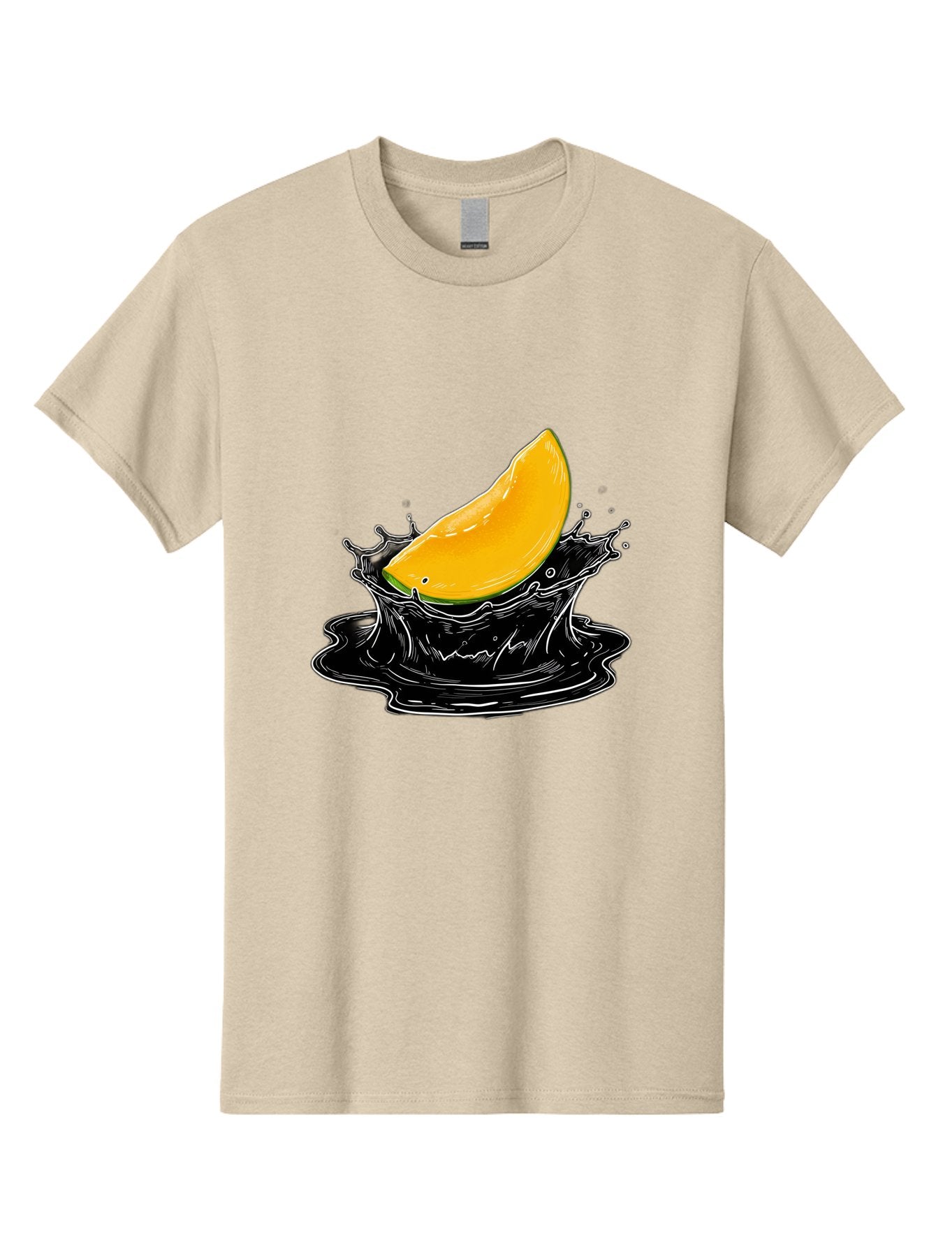Mango-Splash-3 Men'S Graphic Tee, 100% Cotton, Comfortable Casual Summer Wear, Machine Washable, Mango Slice, Splash Effect, Black Liquid, Vibrant Yellow, Juicy Texture, Fruit Illustration, Dynamic Splash, Abstract Art Bac163
