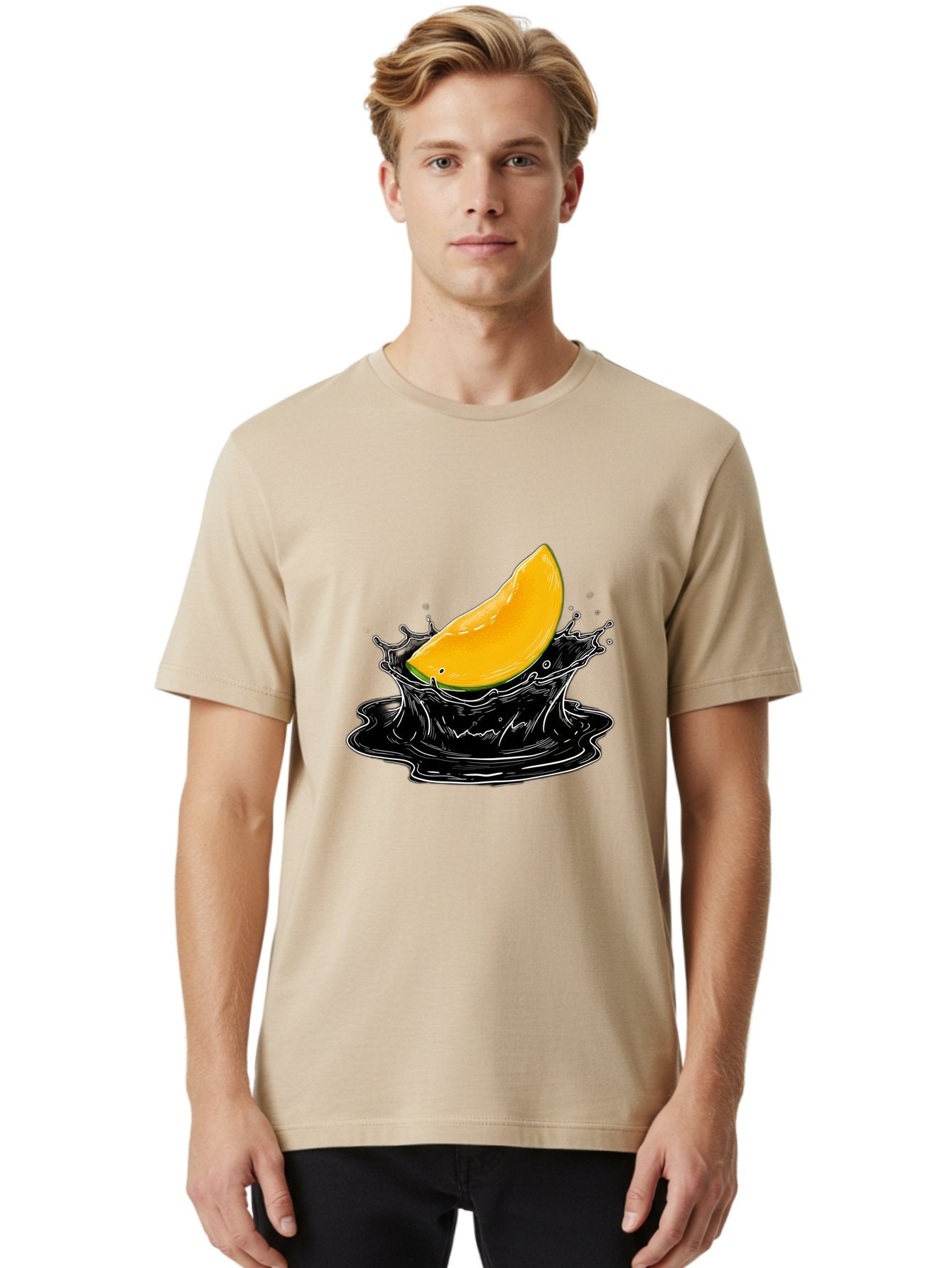 Mango-Splash-3 Men'S Graphic Tee, 100% Cotton, Comfortable Casual Summer Wear, Machine Washable, Mango Slice, Splash Effect, Black Liquid, Vibrant Yellow, Juicy Texture, Fruit Illustration, Dynamic Splash, Abstract Art Bac163 21