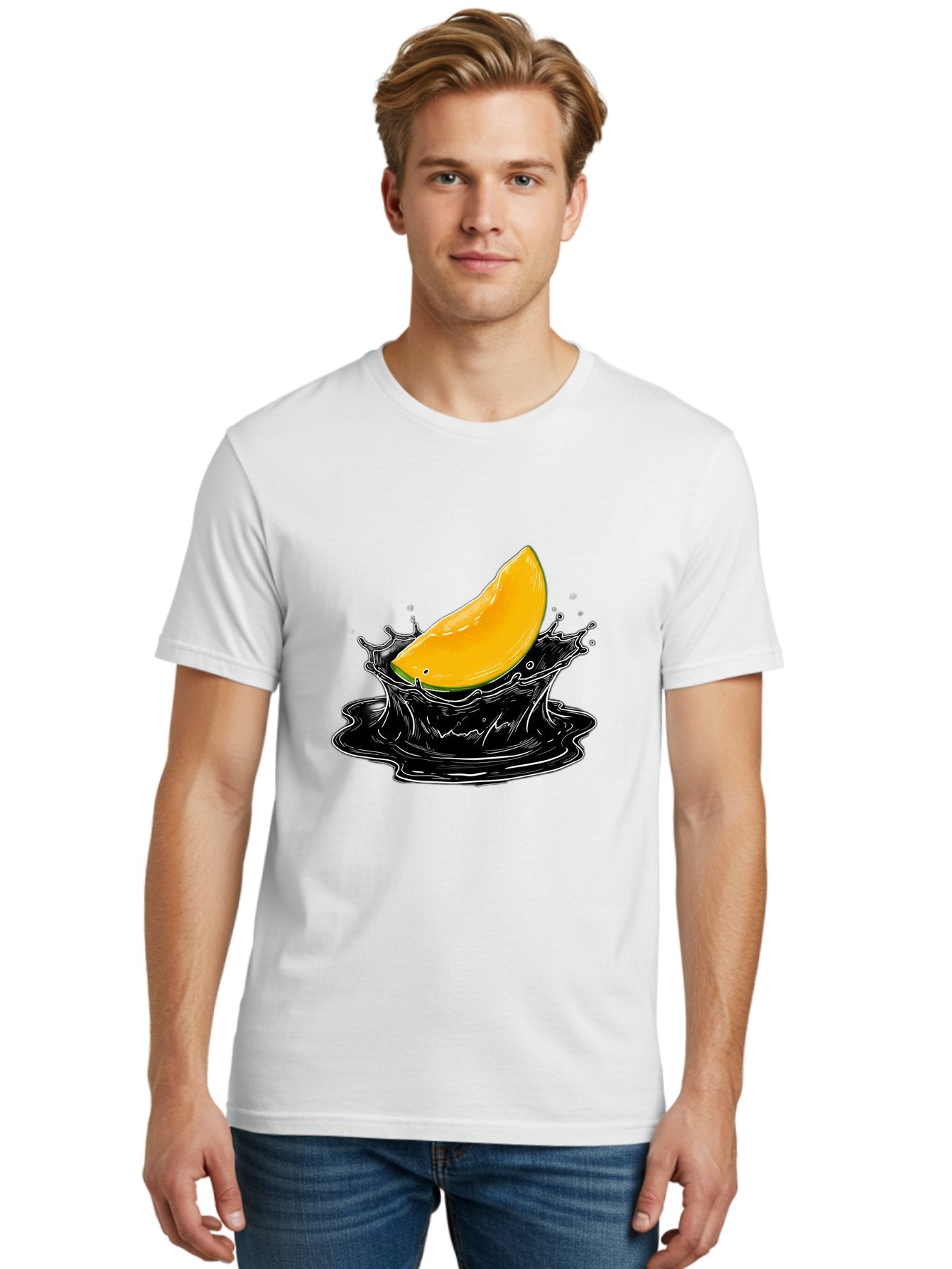 Mango-Splash-3 Men'S Graphic Tee, 100% Cotton, Comfortable Casual Summer Wear, Machine Washable, Mango Slice, Splash Effect, Black Liquid, Vibrant Yellow, Juicy Texture, Fruit Illustration, Dynamic Splash, Abstract Art Bac163 29