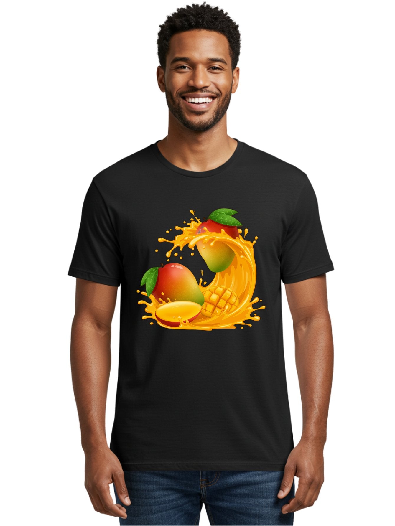 Mango-Splash-4 Men'S Graphic Tee, 100% Cotton, Comfortable Casual Summer Wear, Machine Washable, Mango Fruit, Juicy Mango, Mango Slice, Mango Juice Splash, Mango Chunks, Fresh Mango, Ripe Mango, Tropical Fruit Bac164 30