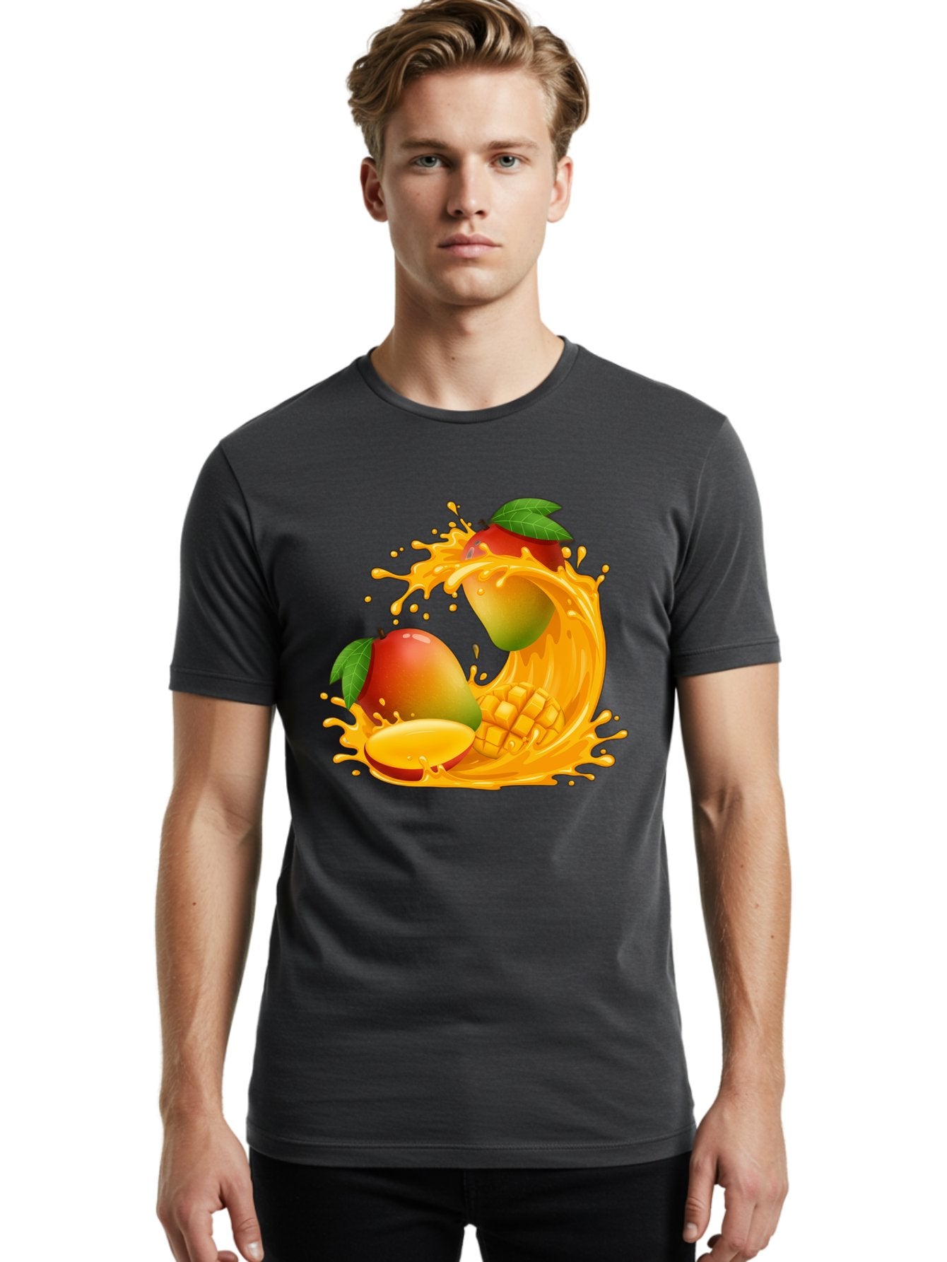 Mango-Splash-4 Men'S Graphic Tee, 100% Cotton, Comfortable Casual Summer Wear, Machine Washable, Mango Fruit, Juicy Mango, Mango Slice, Mango Juice Splash, Mango Chunks, Fresh Mango, Ripe Mango, Tropical Fruit Bac164 23