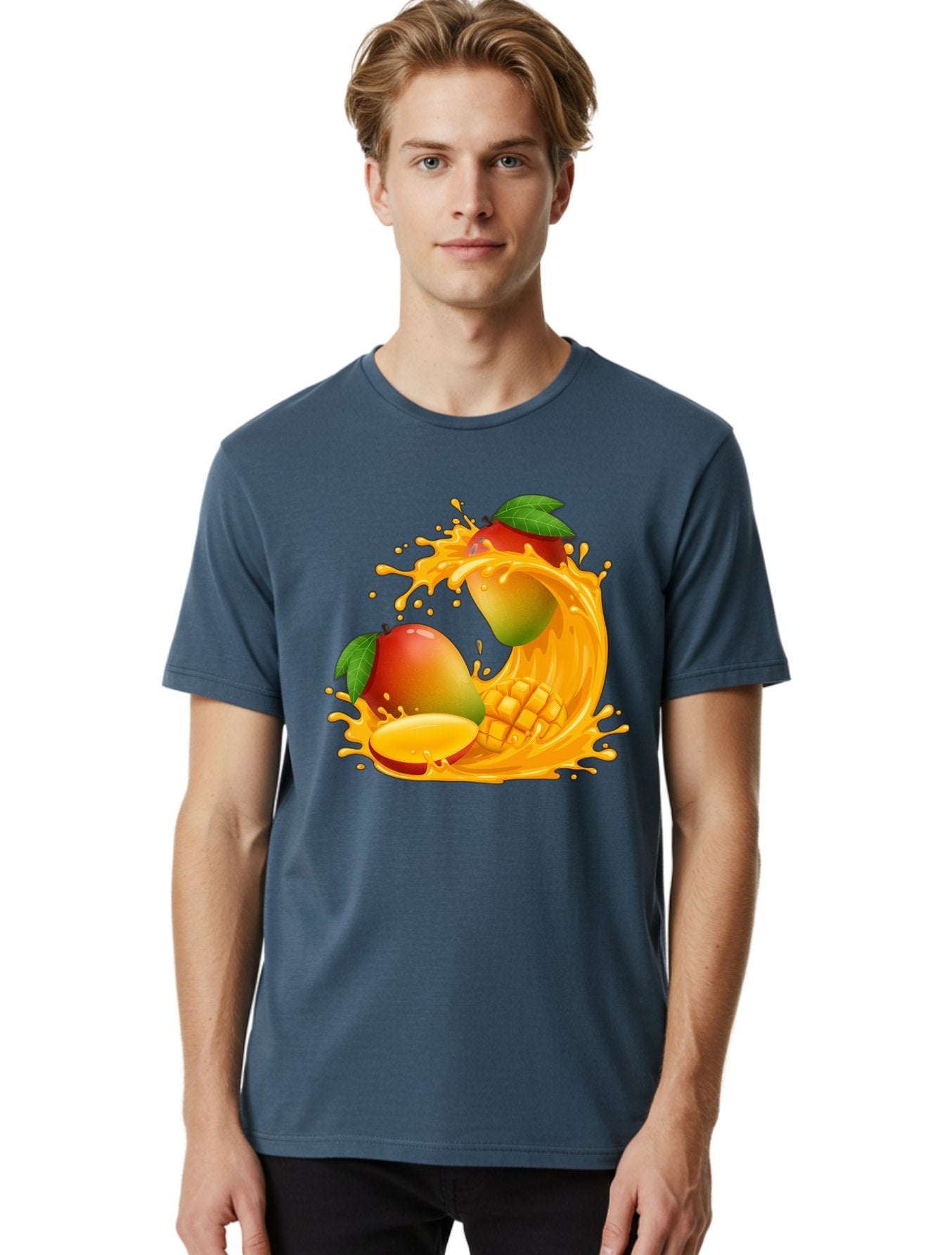 Mango-Splash-4 Men'S Graphic Tee, 100% Cotton, Comfortable Casual Summer Wear, Machine Washable, Mango Fruit, Juicy Mango, Mango Slice, Mango Juice Splash, Mango Chunks, Fresh Mango, Ripe Mango, Tropical Fruit Bac164 17