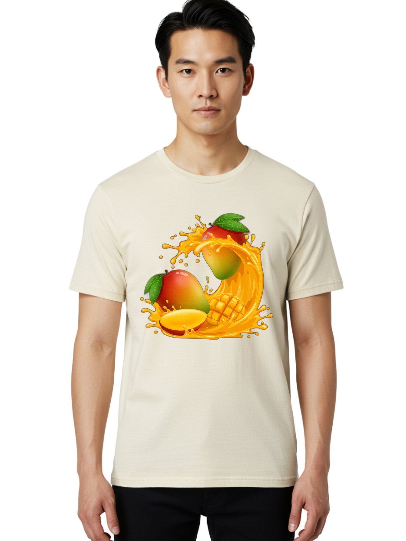 Mango-Splash-4 Men'S Graphic Tee, 100% Cotton, Comfortable Casual Summer Wear, Machine Washable, Mango Fruit, Juicy Mango, Mango Slice, Mango Juice Splash, Mango Chunks, Fresh Mango, Ripe Mango, Tropical Fruit Bac164 21