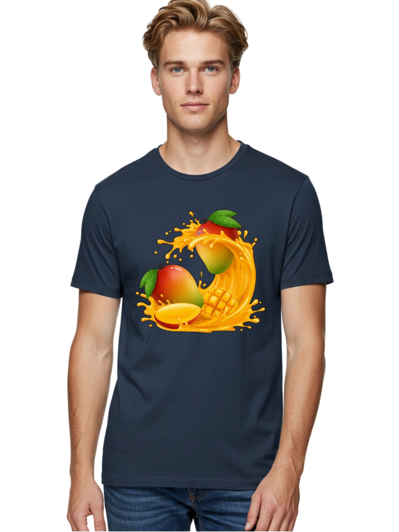 Mango-Splash-4 Men'S Graphic Tee, 100% Cotton, Comfortable Casual Summer Wear, Machine Washable, Mango Fruit, Juicy Mango, Mango Slice, Mango Juice Splash, Mango Chunks, Fresh Mango, Ripe Mango, Tropical Fruit Bac164 24