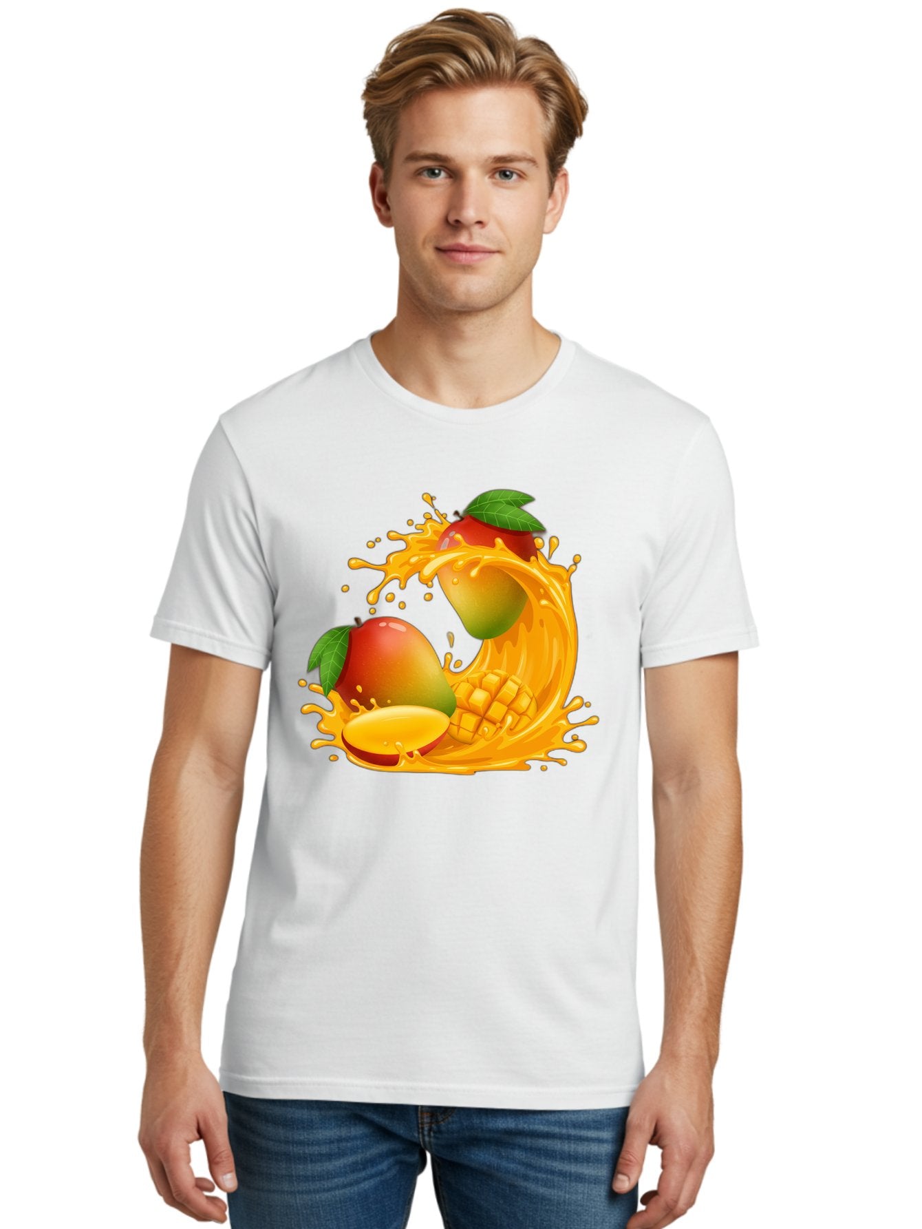 Mango-Splash-4 Men'S Graphic Tee, 100% Cotton, Comfortable Casual Summer Wear, Machine Washable, Mango Fruit, Juicy Mango, Mango Slice, Mango Juice Splash, Mango Chunks, Fresh Mango, Ripe Mango, Tropical Fruit Bac164 18