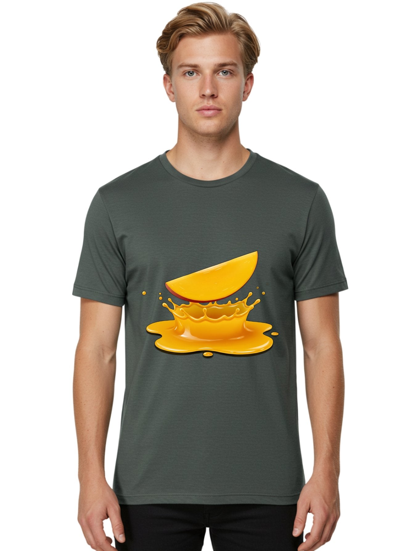 Mango-Splash Men'S Graphic Tee, 100% Cotton, Comfortable Casual Summer Wear, Machine Washable, Mango Slice, Juice Splash, Vibrant Orange, Fruity Scene, Splashing Juice, Summer Drink, Tropical Flavors, Refreshing Drink, Healthy Snack Bac165 28