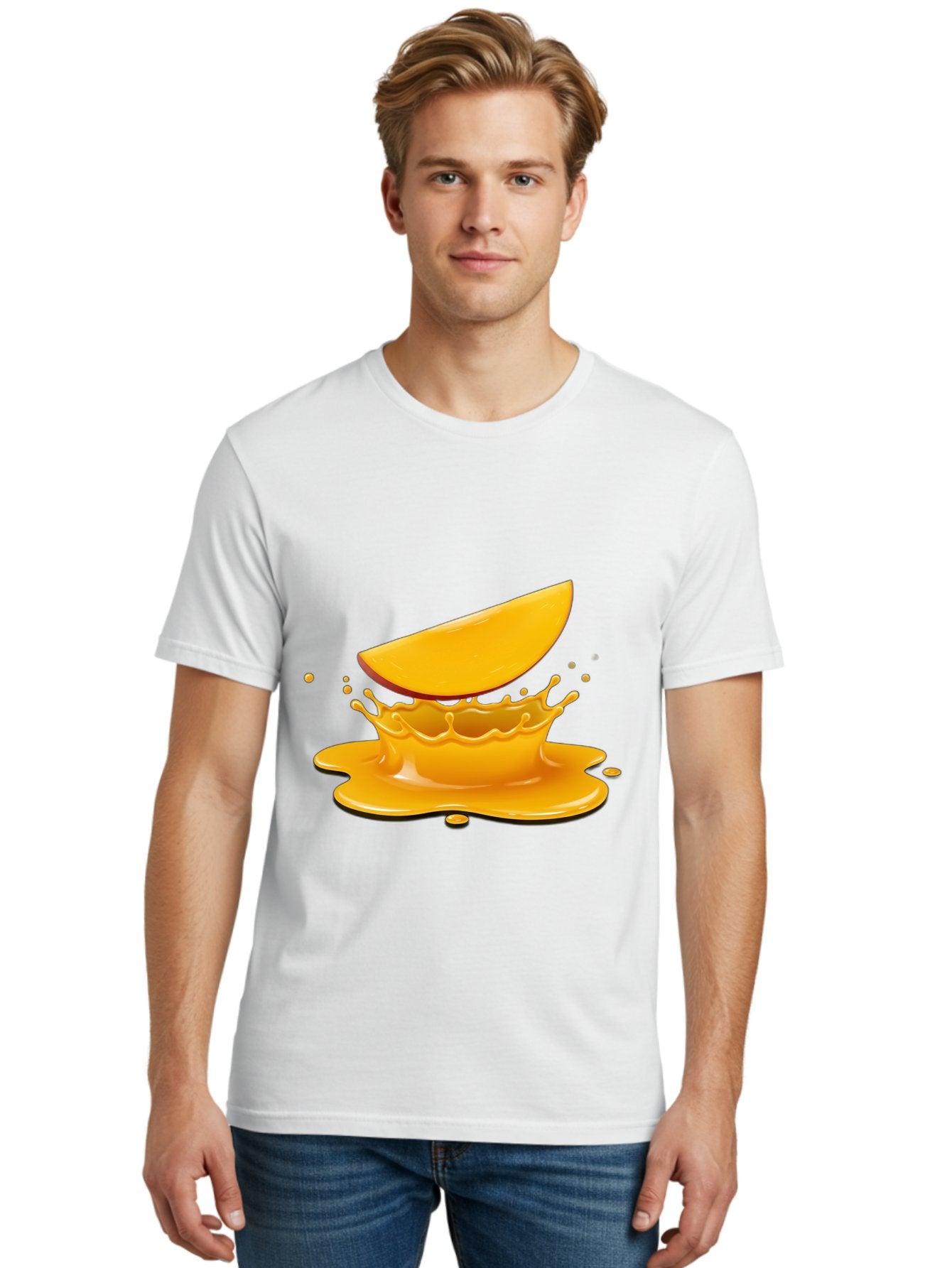 Mango-Splash Men'S Graphic Tee, 100% Cotton, Comfortable Casual Summer Wear, Machine Washable, Mango Slice, Juice Splash, Vibrant Orange, Fruity Scene, Splashing Juice, Summer Drink, Tropical Flavors, Refreshing Drink, Healthy Snack Bac165 22