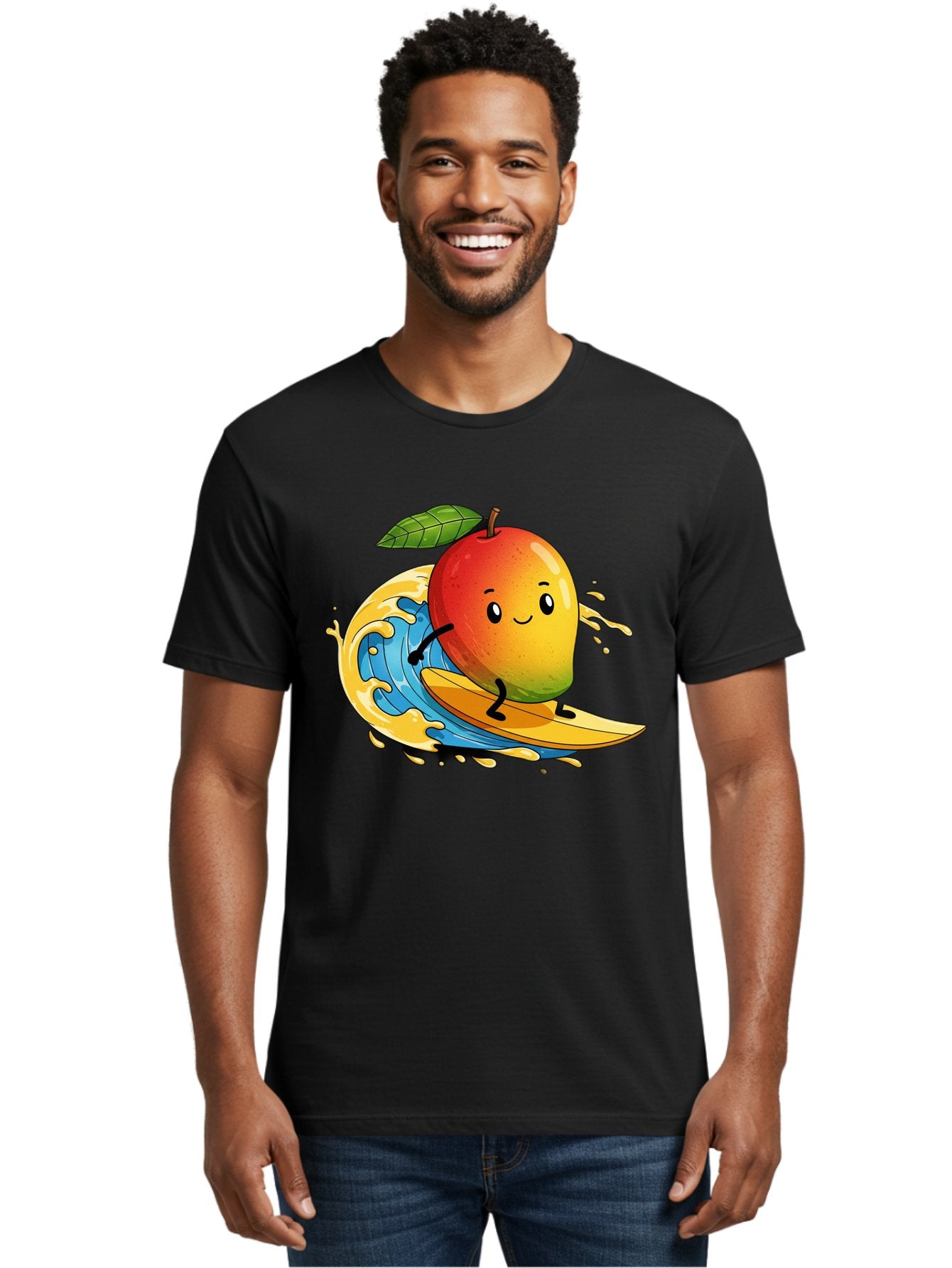 Mango-Surfing-1 Men'S Graphic Tee, 100% Cotton, Comfortable Casual Summer Wear, Machine Washable, Mango On Surfboard, Surfing Wave, Cartoon Fruit, Summer Fun, Beach Activity, Tropical Vibes, Happy Mango, Fruit Character, Playful Illustration Bac166 23