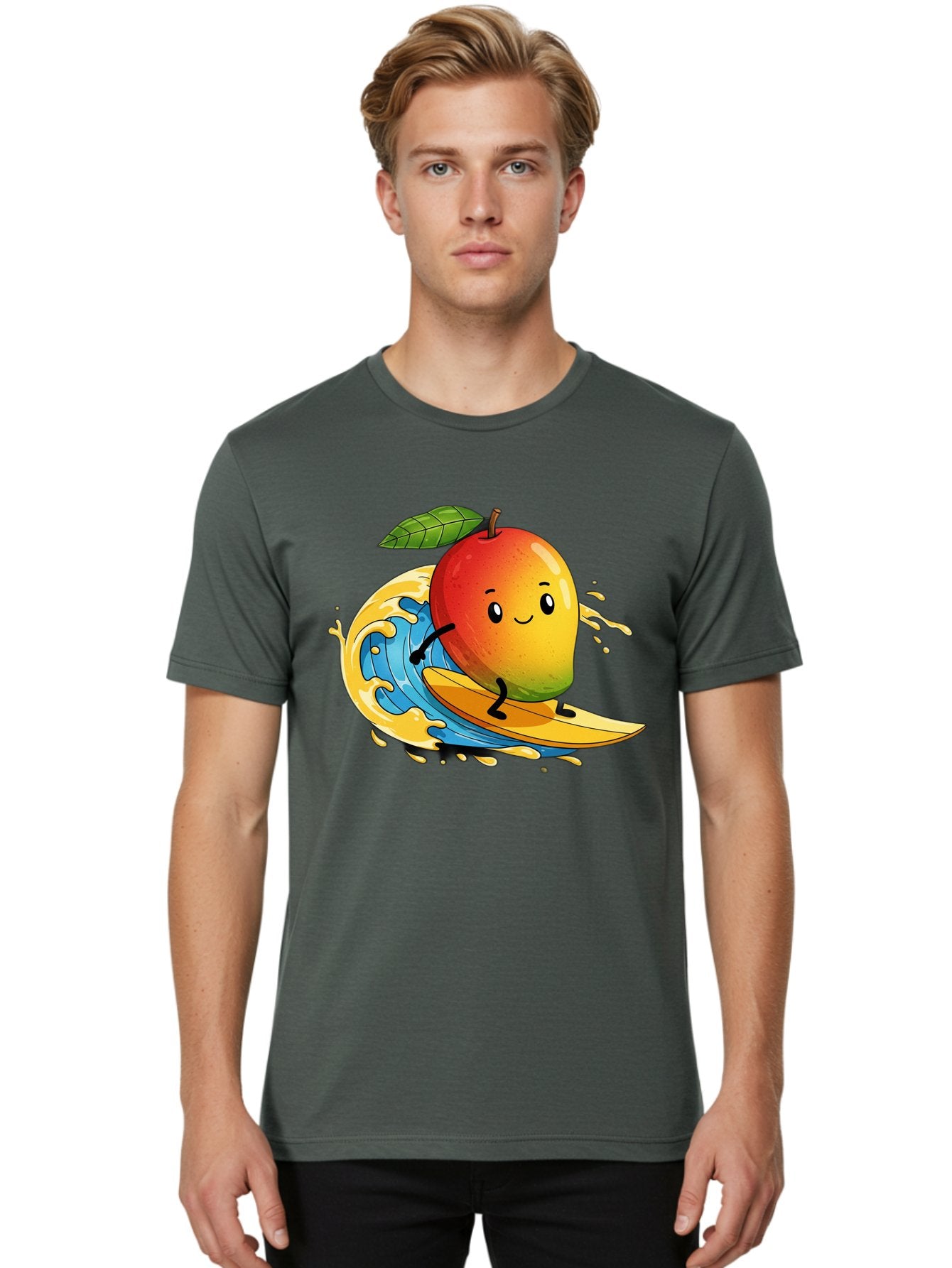Mango-Surfing-1 Men'S Graphic Tee, 100% Cotton, Comfortable Casual Summer Wear, Machine Washable, Mango On Surfboard, Surfing Wave, Cartoon Fruit, Summer Fun, Beach Activity, Tropical Vibes, Happy Mango, Fruit Character, Playful Illustration Bac166 25