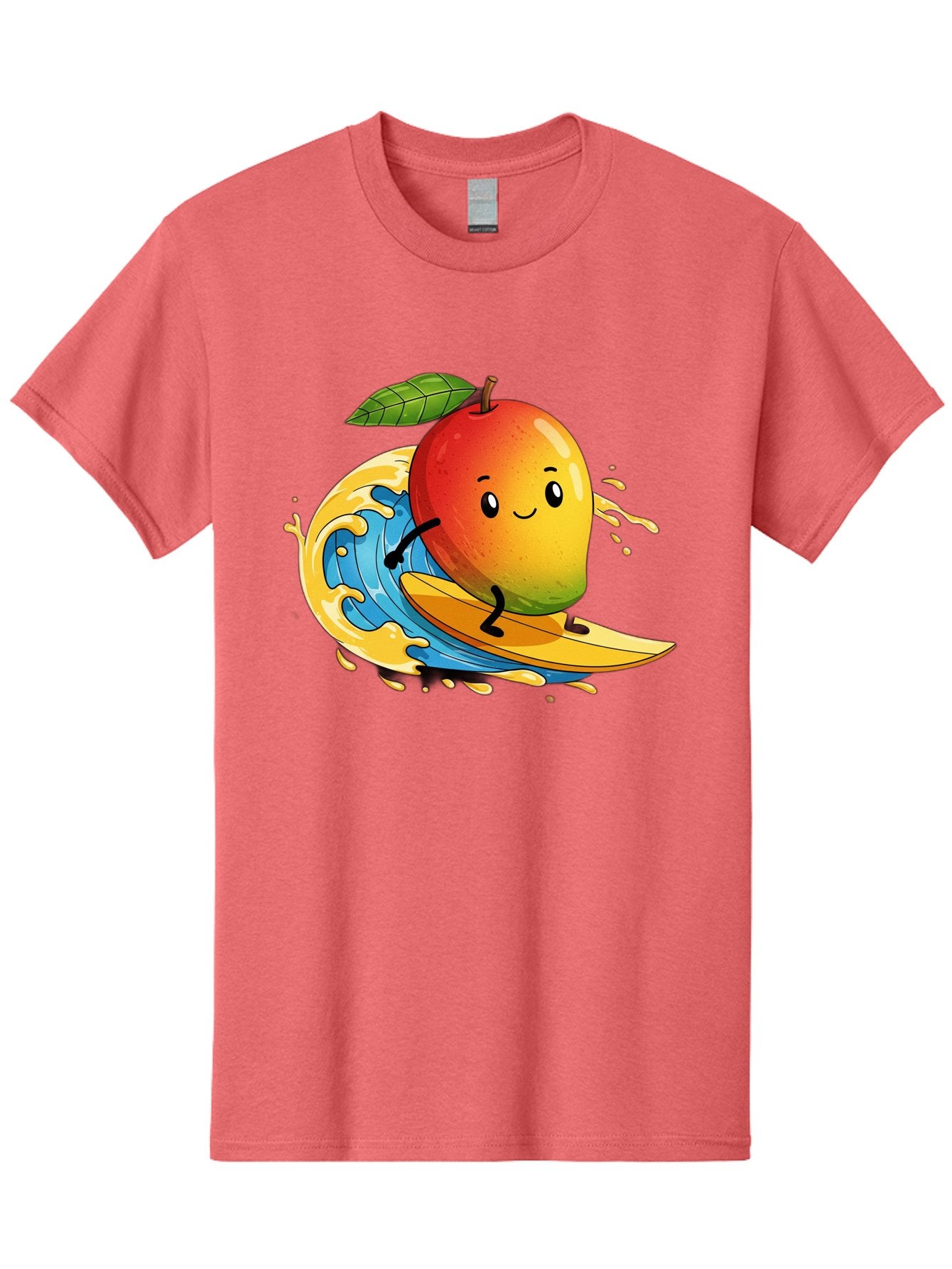 Mango-Surfing-1 Men'S Graphic Tee, 100% Cotton, Comfortable Casual Summer Wear, Machine Washable, Mango On Surfboard, Surfing Wave, Cartoon Fruit, Summer Fun, Beach Activity, Tropical Vibes, Happy Mango, Fruit Character, Playful Illustration Bac166 15