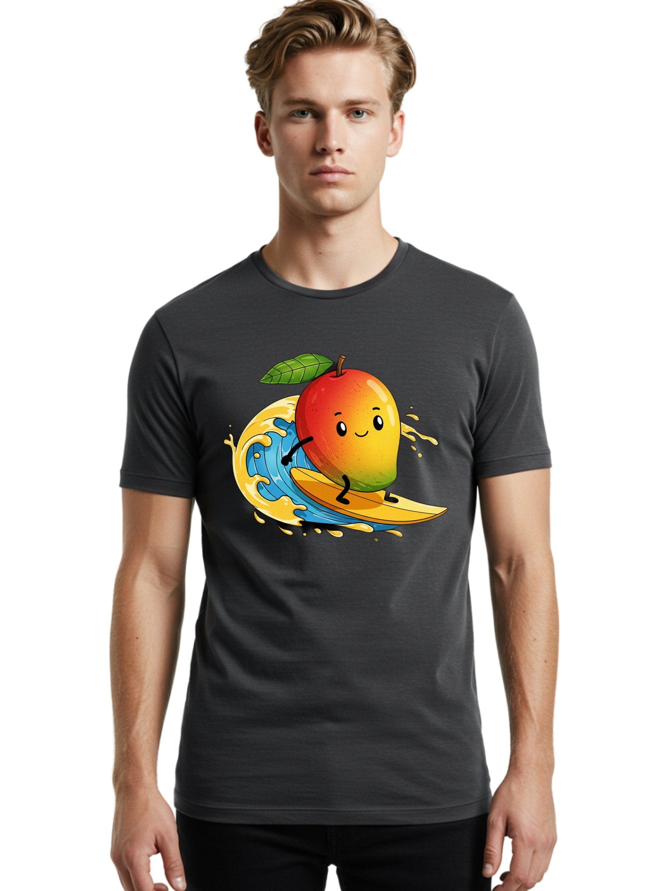 Mango-Surfing-1 Men'S Graphic Tee, 100% Cotton, Comfortable Casual Summer Wear, Machine Washable, Mango On Surfboard, Surfing Wave, Cartoon Fruit, Summer Fun, Beach Activity, Tropical Vibes, Happy Mango, Fruit Character, Playful Illustration Bac166 24