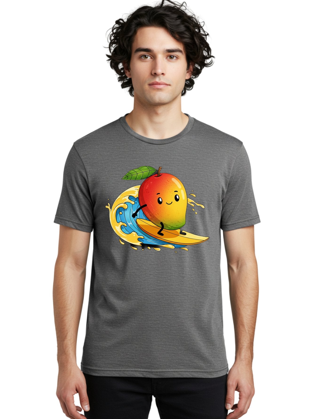 Mango-Surfing-1 Men'S Graphic Tee, 100% Cotton, Comfortable Casual Summer Wear, Machine Washable, Mango On Surfboard, Surfing Wave, Cartoon Fruit, Summer Fun, Beach Activity, Tropical Vibes, Happy Mango, Fruit Character, Playful Illustration Bac166 29