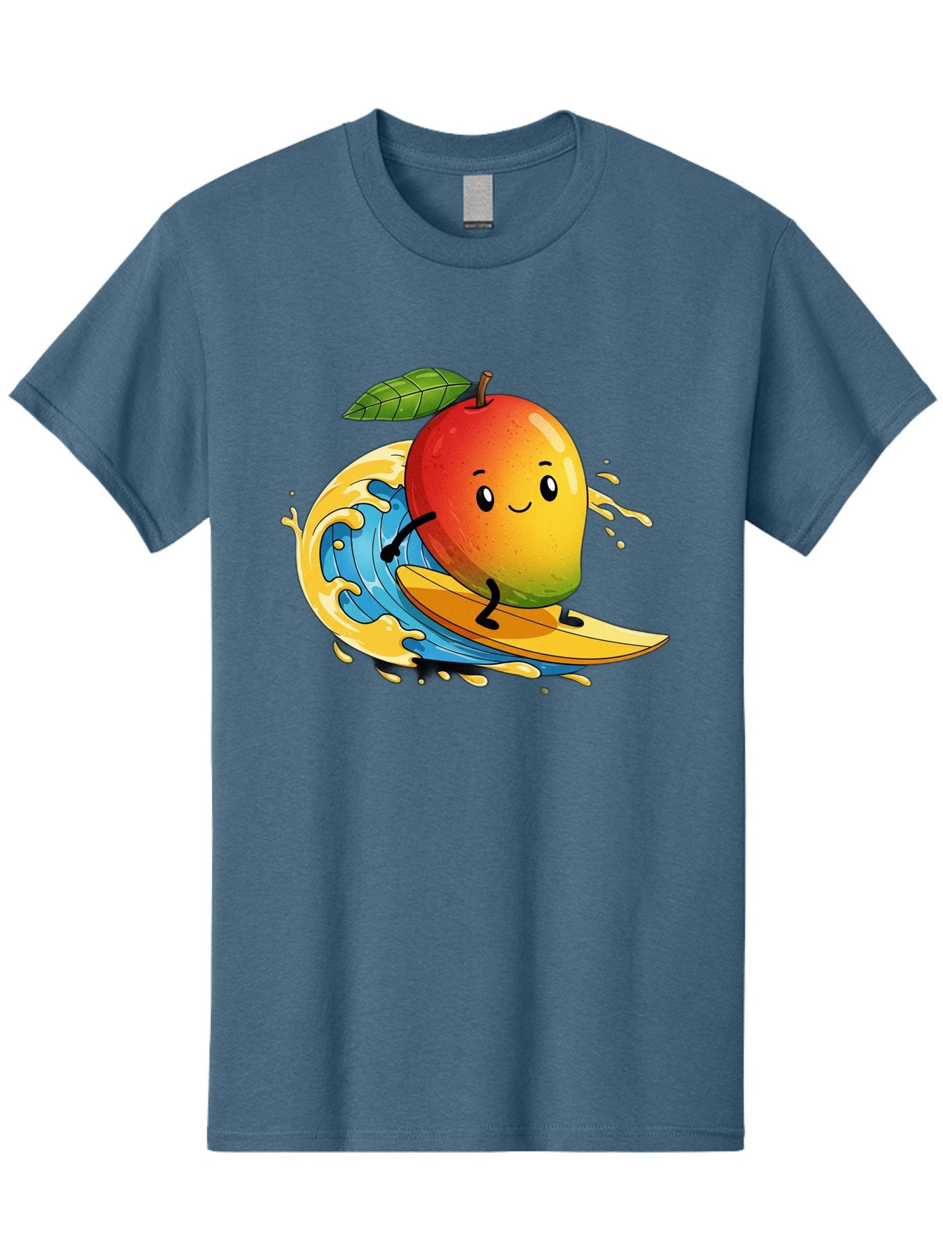 Mango-Surfing-1 Men'S Graphic Tee, 100% Cotton, Comfortable Casual Summer Wear, Machine Washable, Mango On Surfboard, Surfing Wave, Cartoon Fruit, Summer Fun, Beach Activity, Tropical Vibes, Happy Mango, Fruit Character, Playful Illustration Bac166