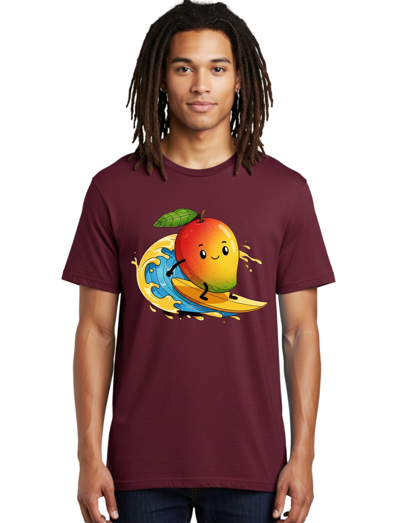 Mango-Surfing-1 Men'S Graphic Tee, 100% Cotton, Comfortable Casual Summer Wear, Machine Washable, Mango On Surfboard, Surfing Wave, Cartoon Fruit, Summer Fun, Beach Activity, Tropical Vibes, Happy Mango, Fruit Character, Playful Illustration Bac166 28
