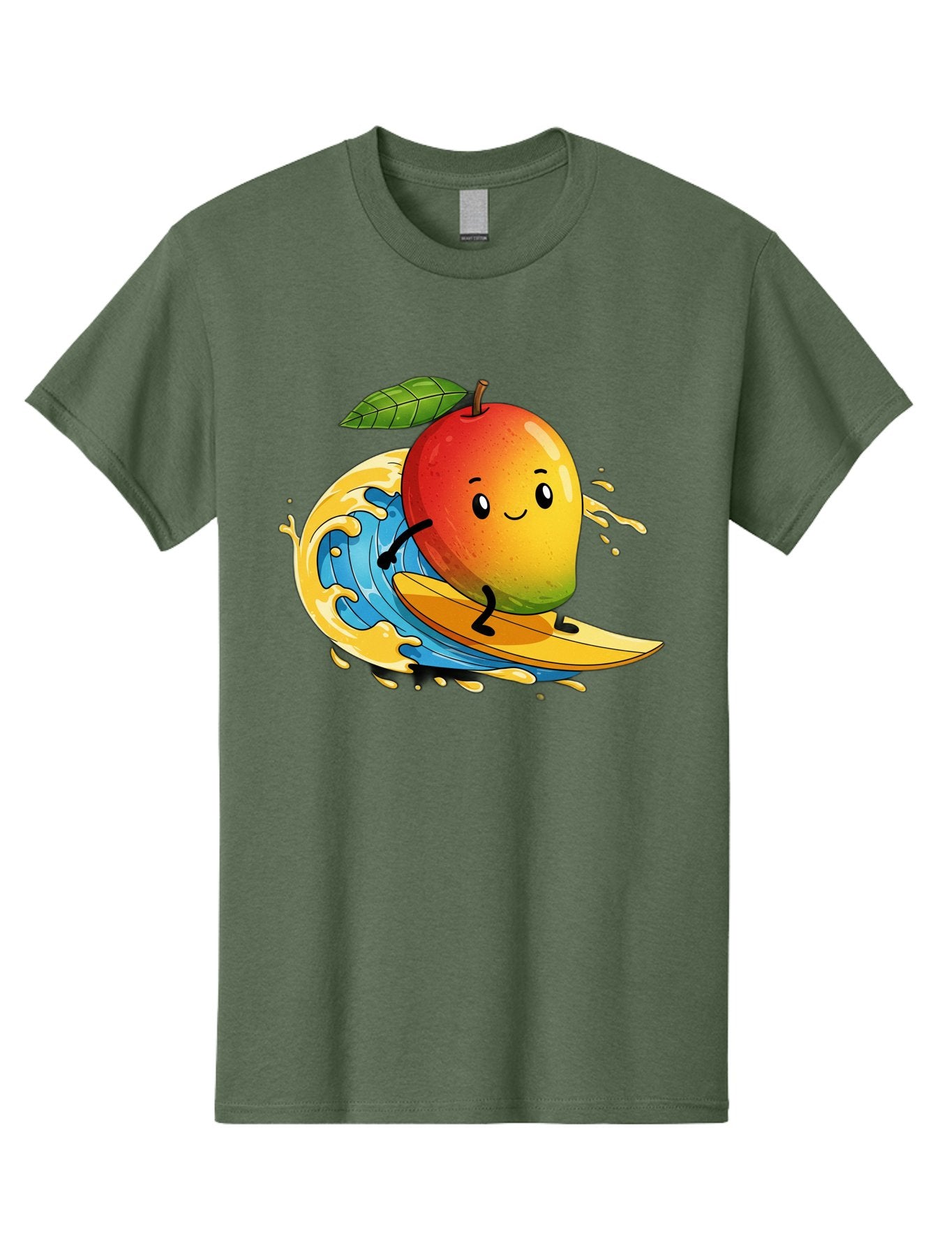 Mango-Surfing-1 Men'S Graphic Tee, 100% Cotton, Comfortable Casual Summer Wear, Machine Washable, Mango On Surfboard, Surfing Wave, Cartoon Fruit, Summer Fun, Beach Activity, Tropical Vibes, Happy Mango, Fruit Character, Playful Illustration Bac166 11