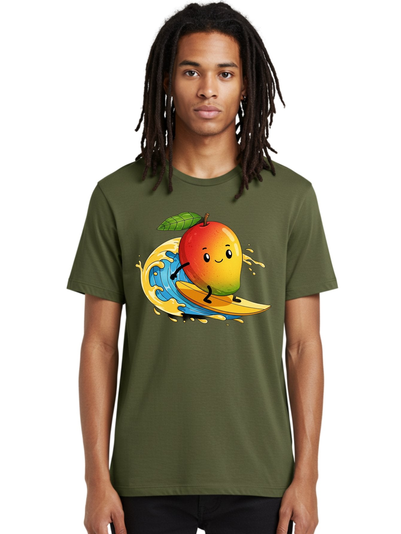 Mango-Surfing-1 Men'S Graphic Tee, 100% Cotton, Comfortable Casual Summer Wear, Machine Washable, Mango On Surfboard, Surfing Wave, Cartoon Fruit, Summer Fun, Beach Activity, Tropical Vibes, Happy Mango, Fruit Character, Playful Illustration Bac166 27