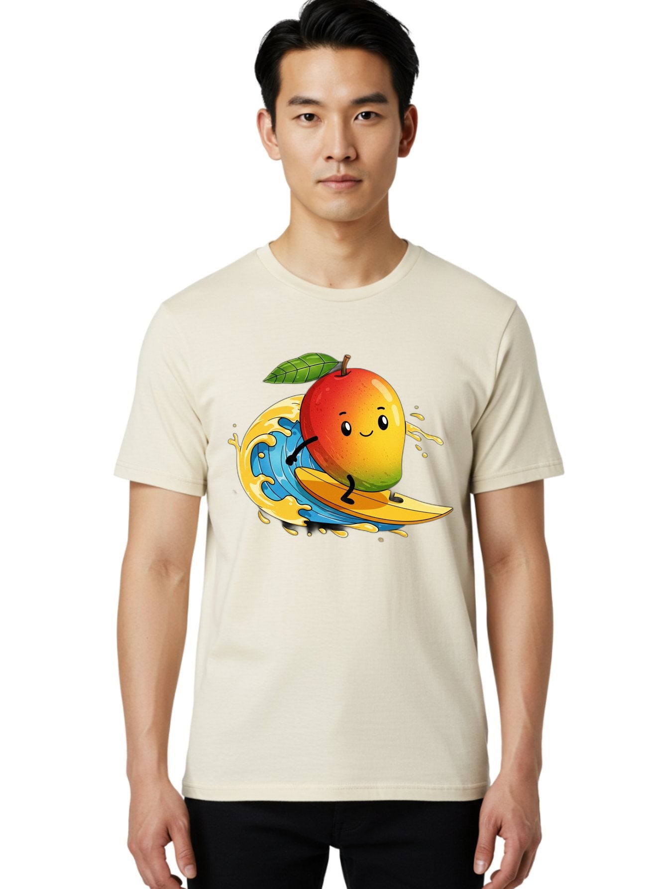 Mango-Surfing-1 Men'S Graphic Tee, 100% Cotton, Comfortable Casual Summer Wear, Machine Washable, Mango On Surfboard, Surfing Wave, Cartoon Fruit, Summer Fun, Beach Activity, Tropical Vibes, Happy Mango, Fruit Character, Playful Illustration Bac166 20