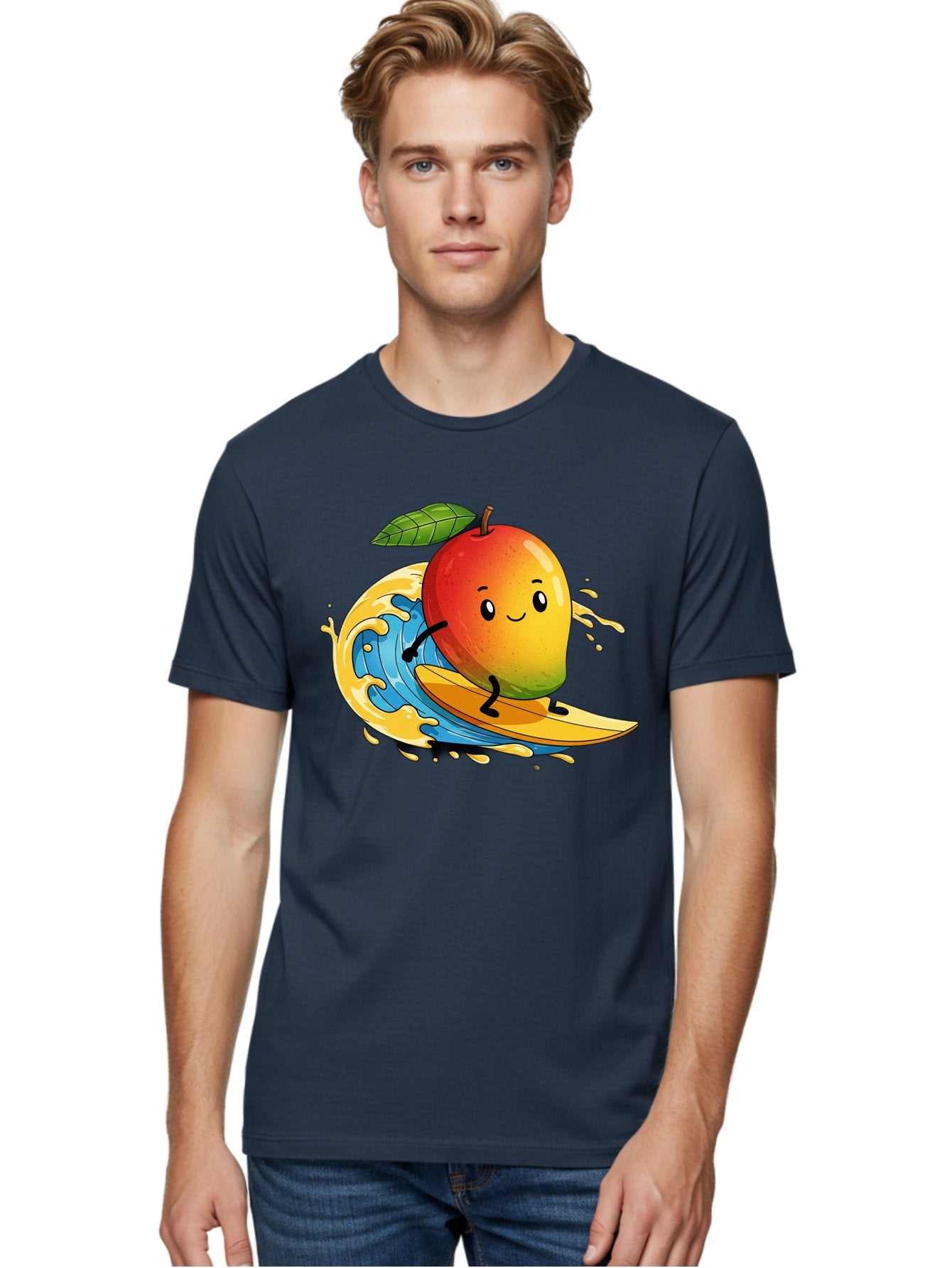 Mango-Surfing-1 Men'S Graphic Tee, 100% Cotton, Comfortable Casual Summer Wear, Machine Washable, Mango On Surfboard, Surfing Wave, Cartoon Fruit, Summer Fun, Beach Activity, Tropical Vibes, Happy Mango, Fruit Character, Playful Illustration Bac166 17