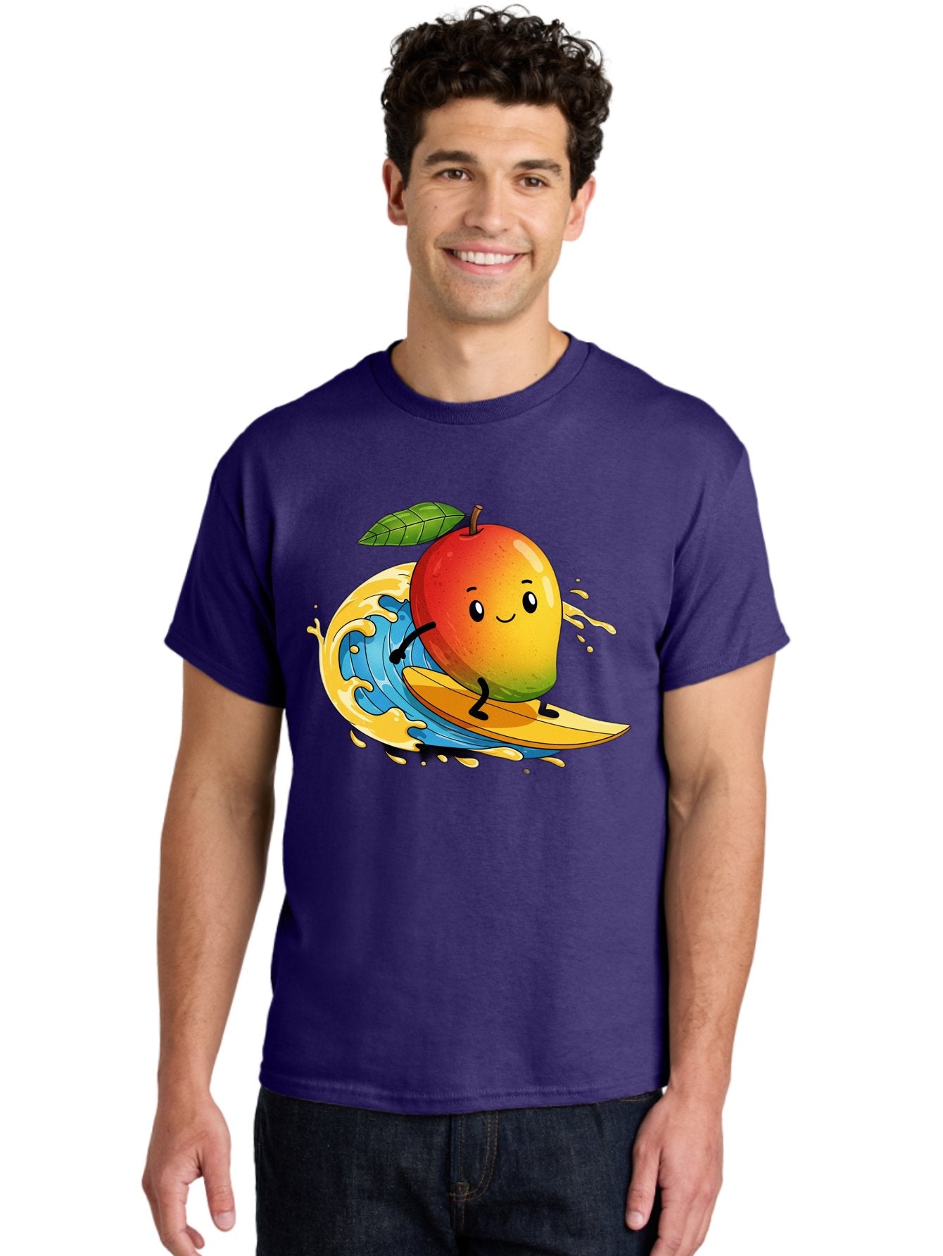 Mango-Surfing-1 Men'S Graphic Tee, 100% Cotton, Comfortable Casual Summer Wear, Machine Washable, Mango On Surfboard, Surfing Wave, Cartoon Fruit, Summer Fun, Beach Activity, Tropical Vibes, Happy Mango, Fruit Character, Playful Illustration Bac166 22