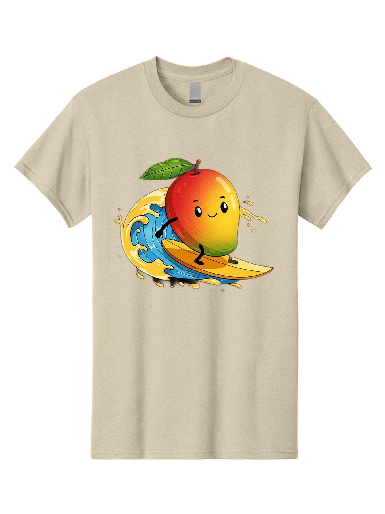 Mango-Surfing-1 Men'S Graphic Tee, 100% Cotton, Comfortable Casual Summer Wear, Machine Washable, Mango On Surfboard, Surfing Wave, Cartoon Fruit, Summer Fun, Beach Activity, Tropical Vibes, Happy Mango, Fruit Character, Playful Illustration Bac166