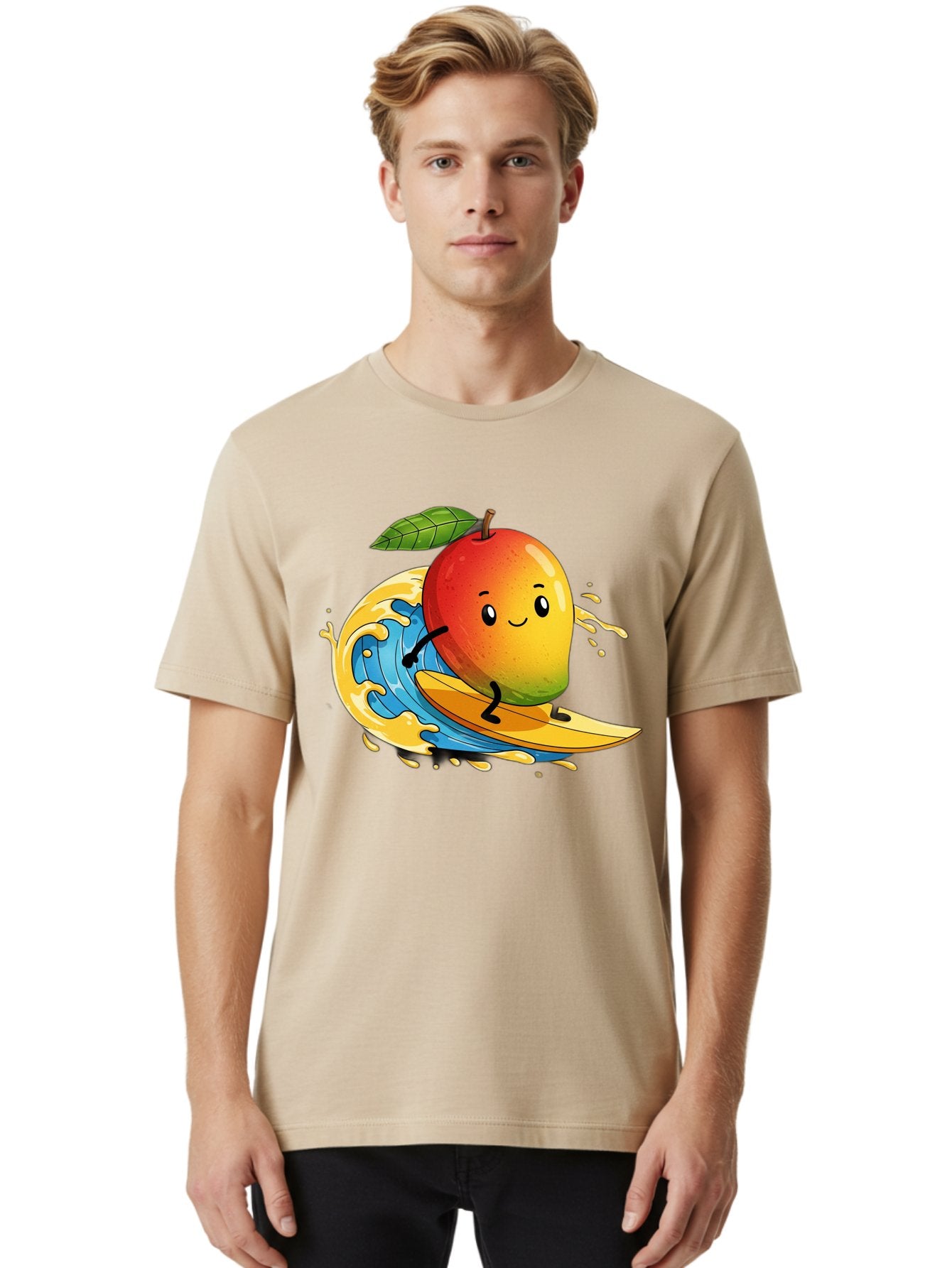 Mango-Surfing-1 Men'S Graphic Tee, 100% Cotton, Comfortable Casual Summer Wear, Machine Washable, Mango On Surfboard, Surfing Wave, Cartoon Fruit, Summer Fun, Beach Activity, Tropical Vibes, Happy Mango, Fruit Character, Playful Illustration Bac166 19