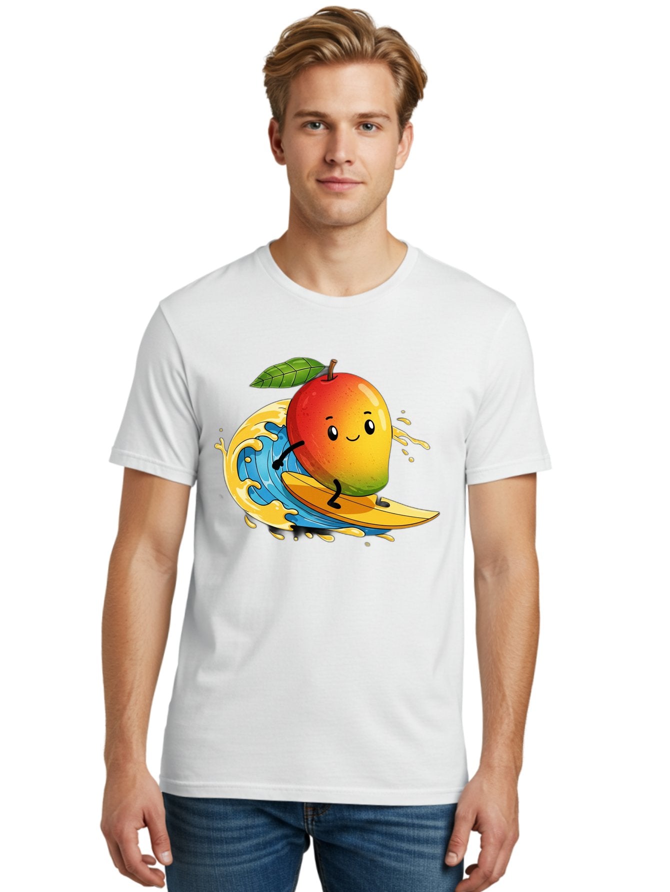 Mango-Surfing-1 Men'S Graphic Tee, 100% Cotton, Comfortable Casual Summer Wear, Machine Washable, Mango On Surfboard, Surfing Wave, Cartoon Fruit, Summer Fun, Beach Activity, Tropical Vibes, Happy Mango, Fruit Character, Playful Illustration Bac166 26