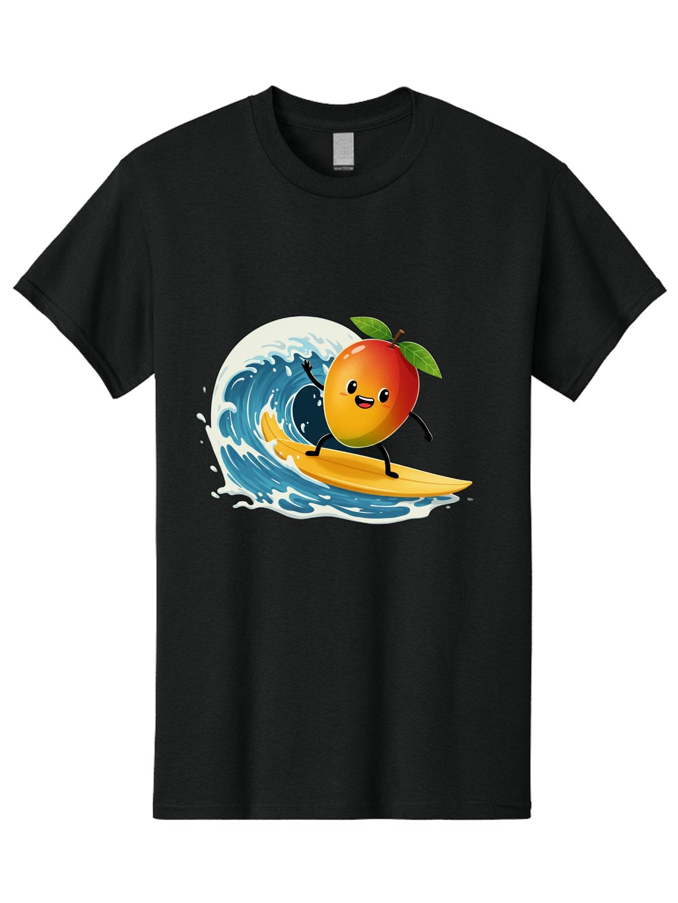 Mango-Surfing Men'S Graphic Tee, 100% Cotton, Comfortable Casual Summer Wear, Machine Washable, Cartoon Mango, Surfing Wave, Happy Face, Beach Fun, Summer Vibes, Ocean Wave, Surfing Cartoon, Playful Character, Cute Illustration Bac167